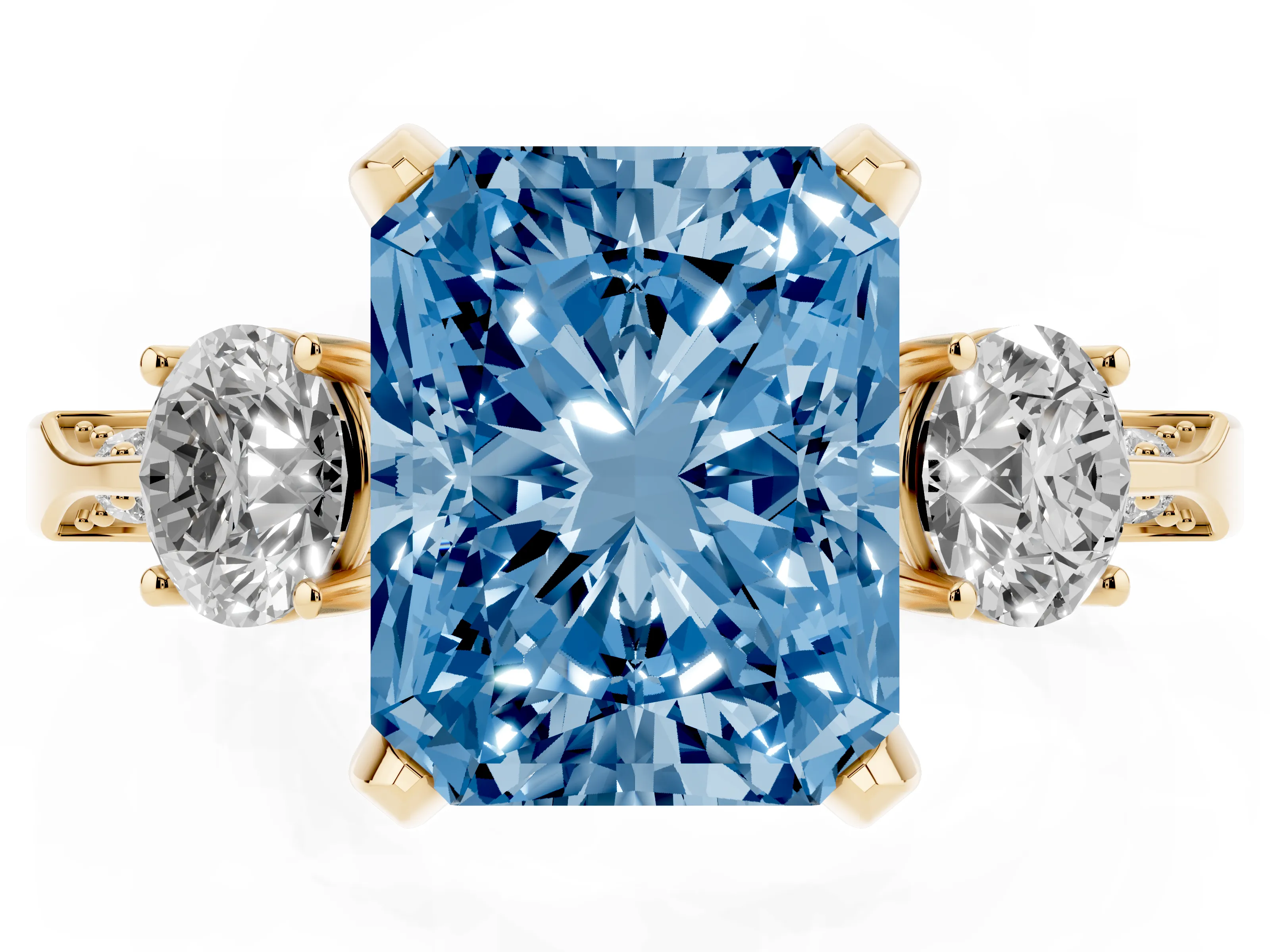 Fancy Blue Radiant Cut Diamond Three-Stone Ring Set in Yellow gold with Pavé Band and Smaller Side Stones
