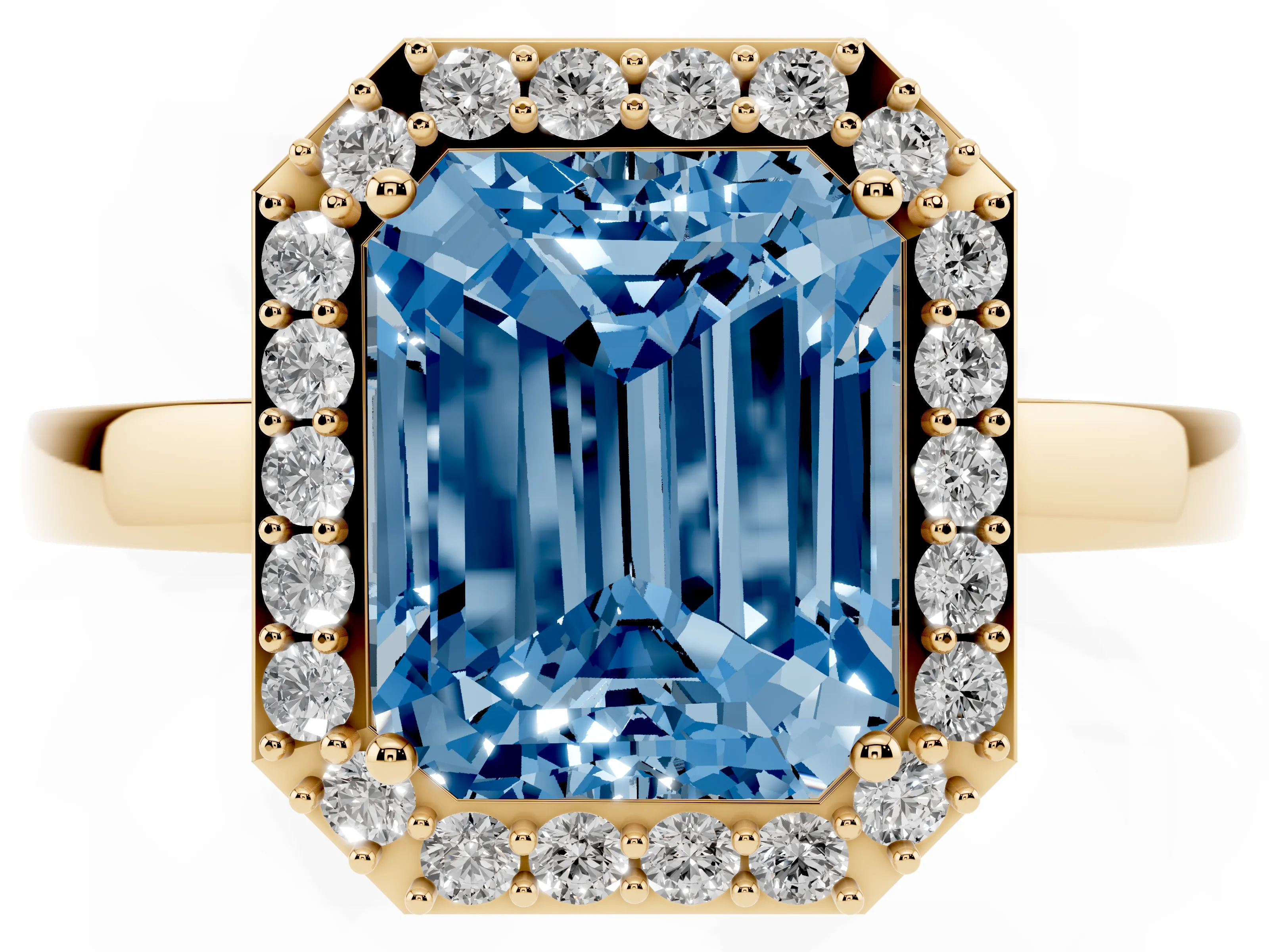 Fancy Blue Radiant Cut Diamond Halo Ring Set in Yellow gold with Solitaire Band and Prong Setting