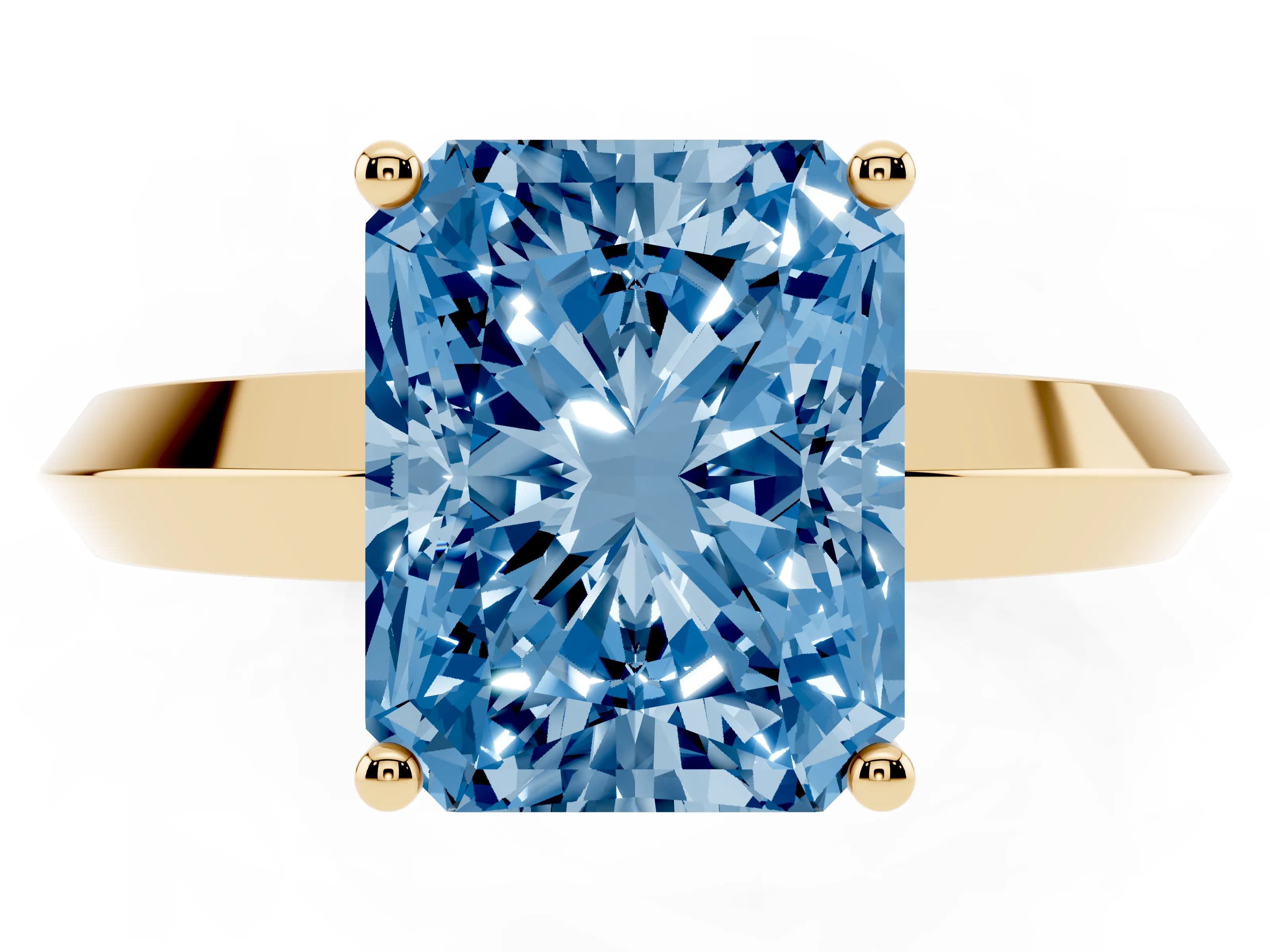 Fancy Blue Radiant Cut Diamond Solitaire Engagement Ring Set in Yellow gold with Flat Band and Prong Setting