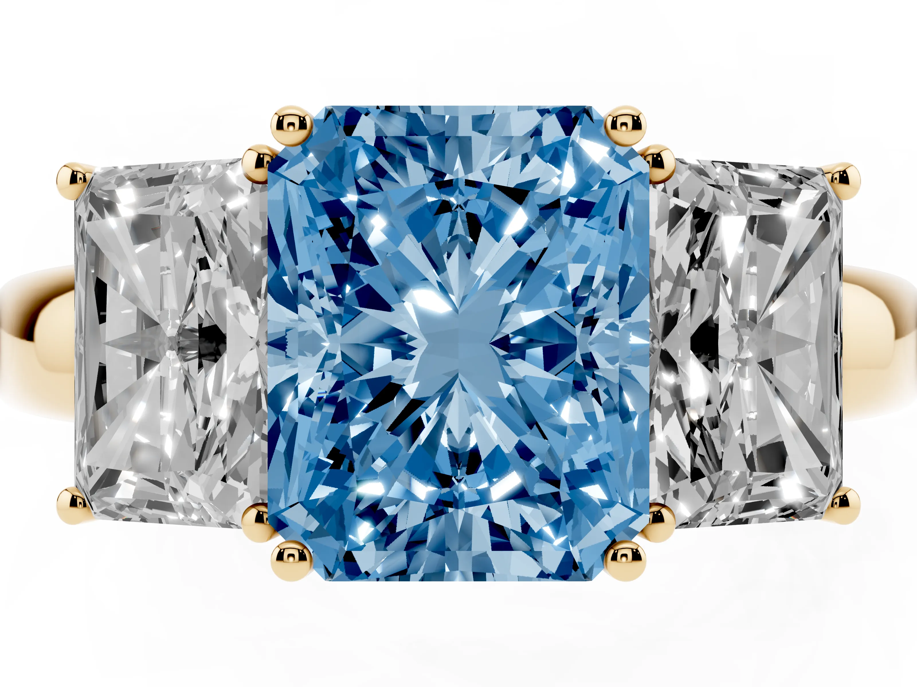 Fancy Blue Radiant Cut Diamond Three-Stone Ring Set in Yellow gold with Bold Center and Classic Band