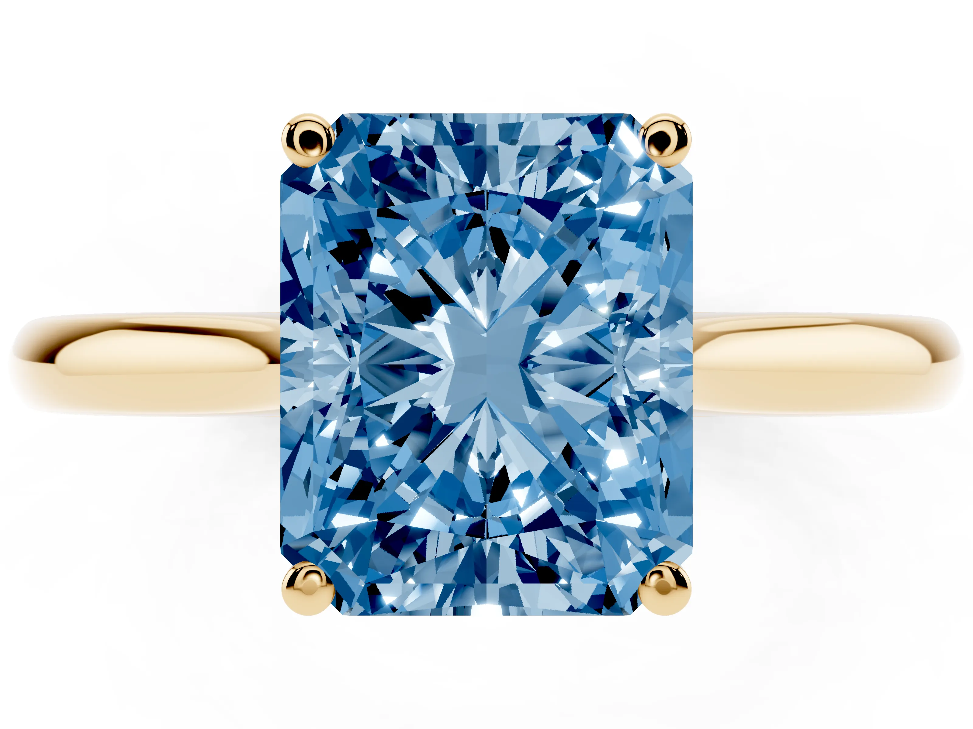 Fancy Blue Radiant Cut Diamond Solitaire Ring Set in Yellow gold with Cathedral Band and Prong Setting