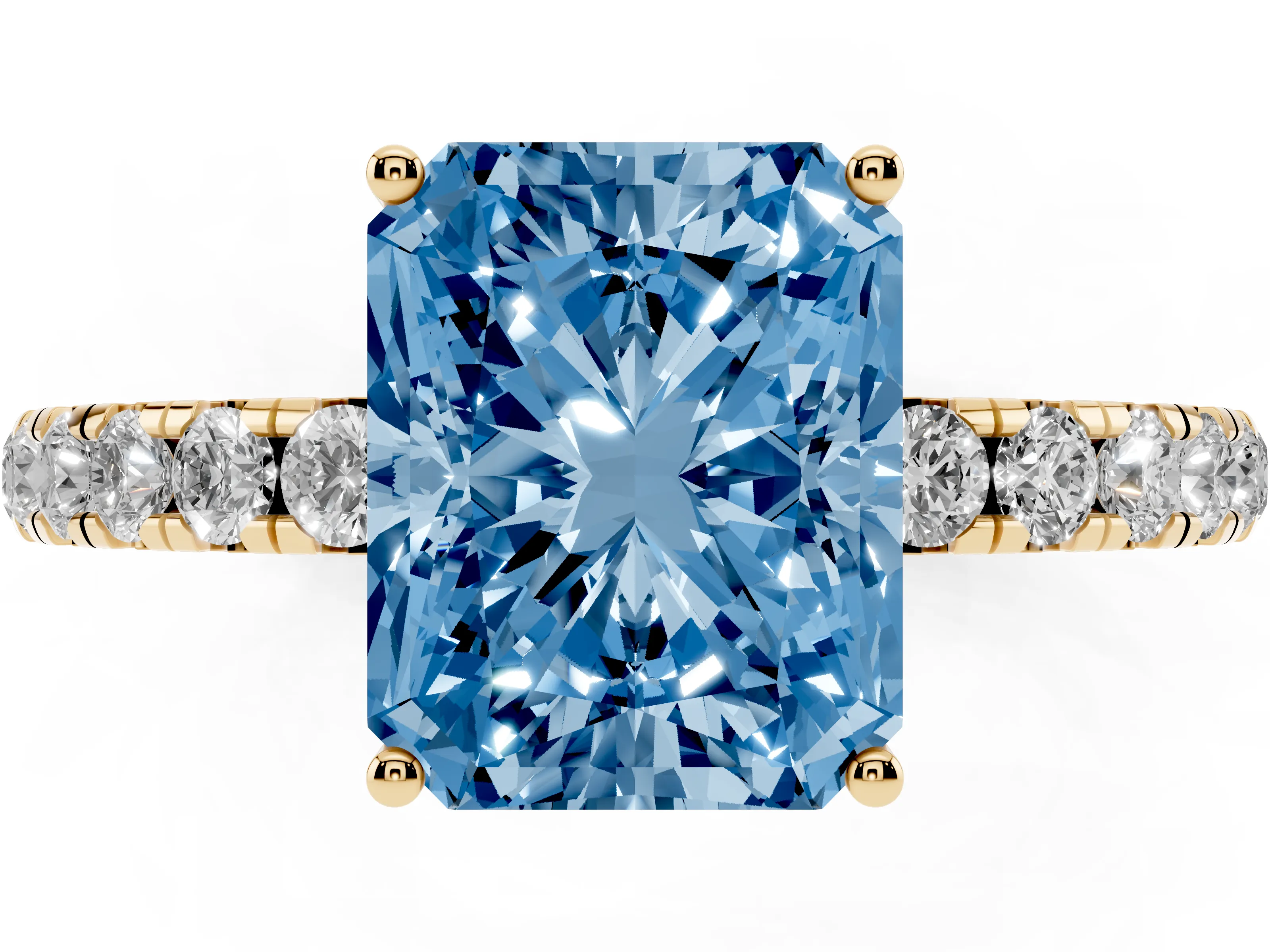 Fancy Blue Radiant Cut Diamond Pavé Solitaire Engagement Ring Set in Yellow gold with Prong Setting