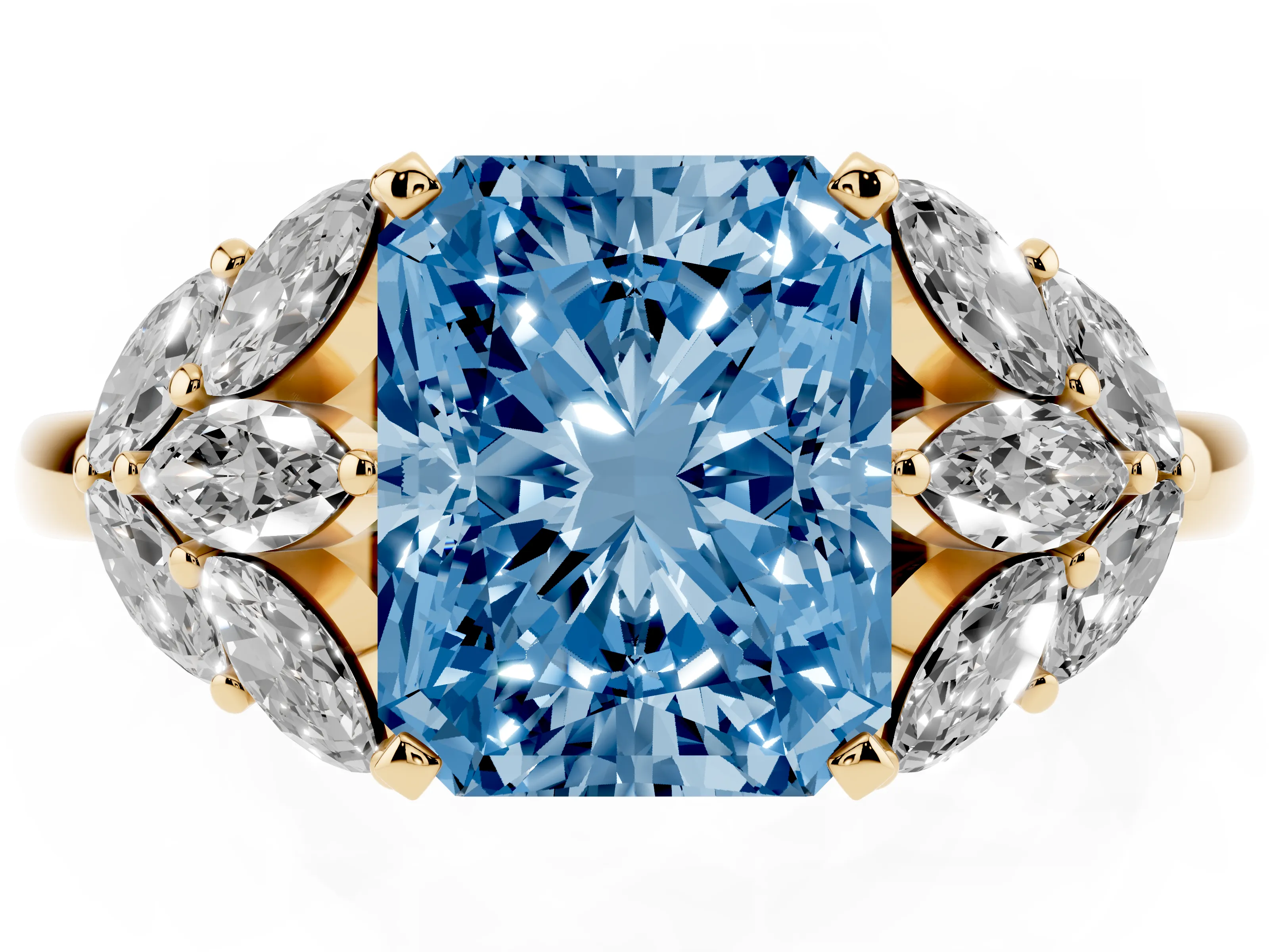 Fancy Blue Radiant Cut Diamond Cluster Leaf Design Ring Set in Yellow gold with Prong Setting