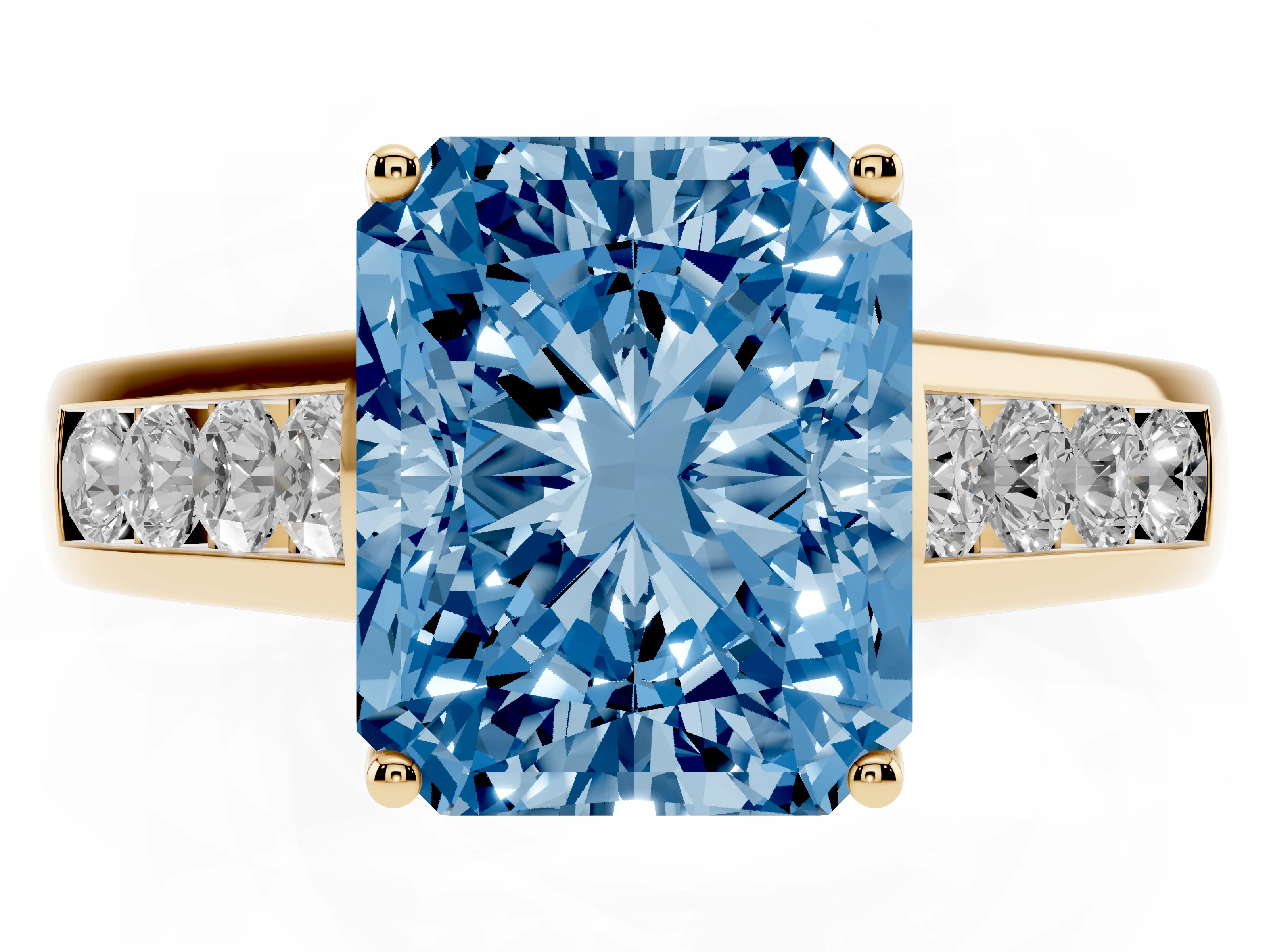 Fancy Blue Radiant Cut Diamond Brilliant Channel-Set Solitaire Ring Set in Yellow gold with Prong Setting