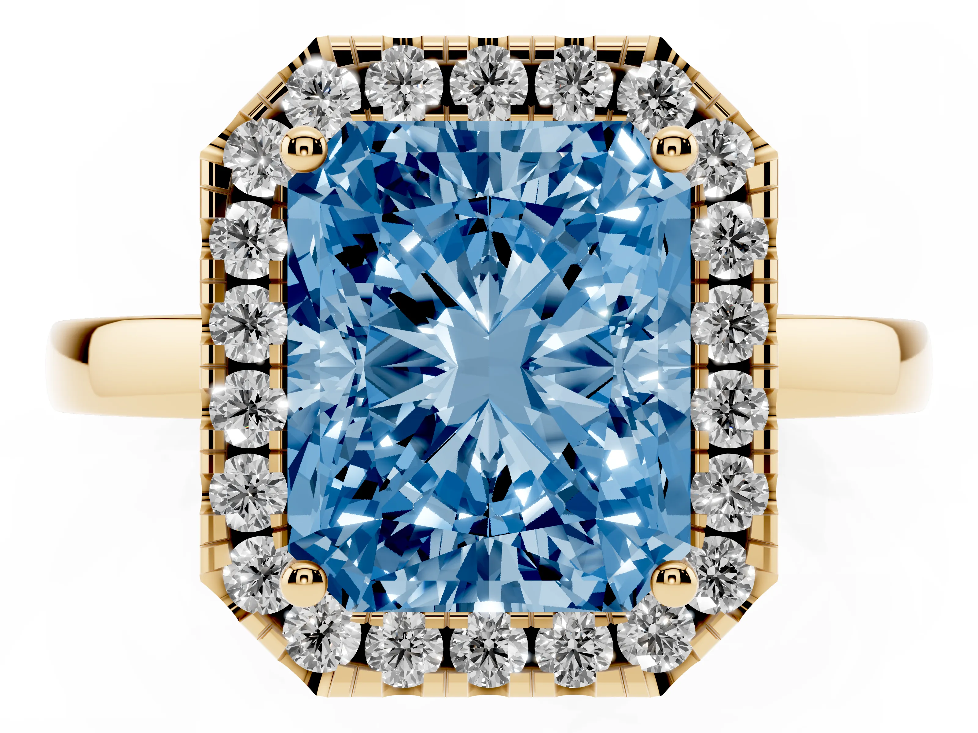 Fancy Blue Radiant Cut Diamond Halo Solitaire Ring Set in Yellow gold with Pavé Band and Prong Setting