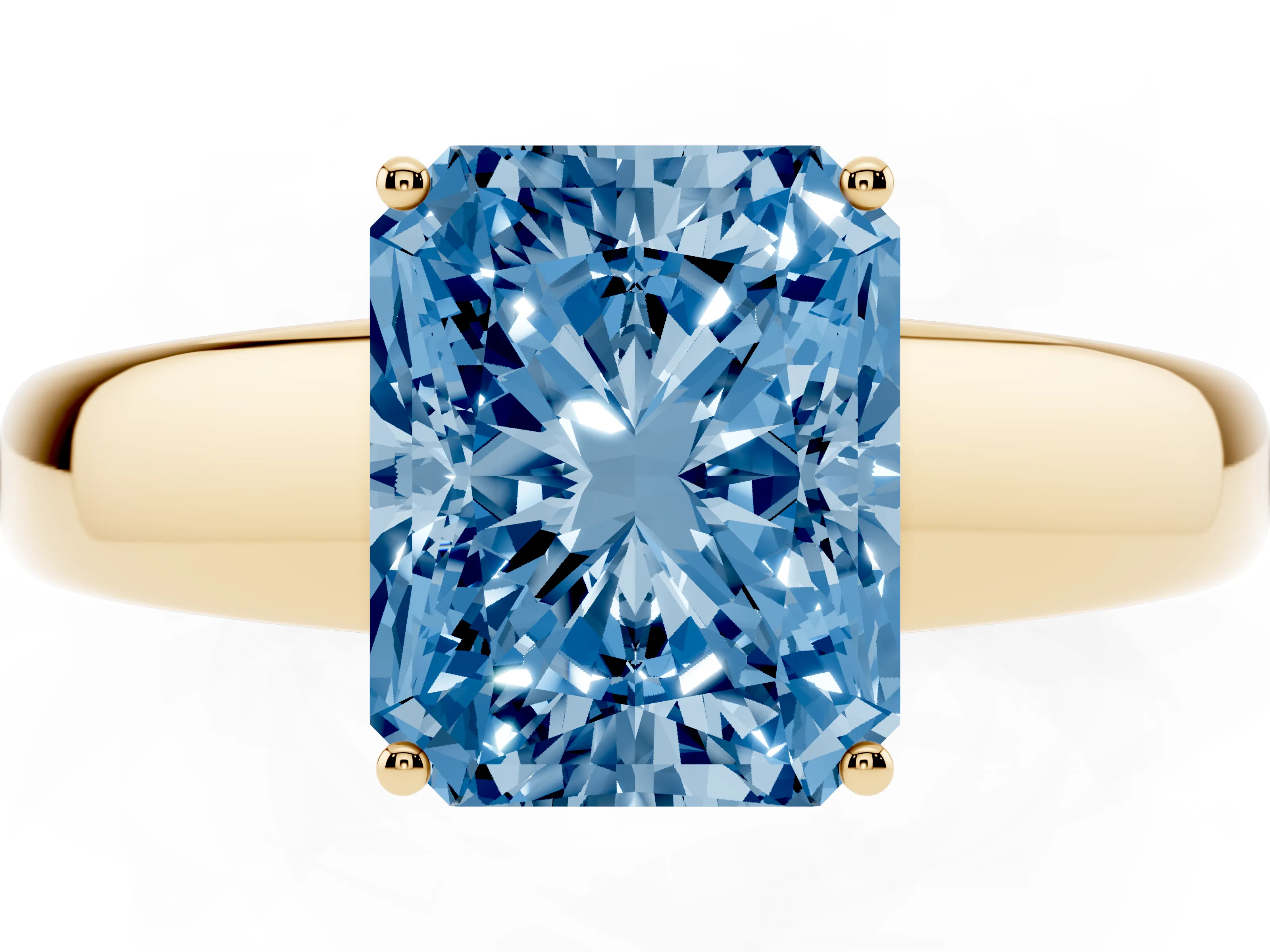 Fancy Blue Radiant Cut Diamond Solitaire Ring Set in Yellow gold with Tapered Band and Prong Setting