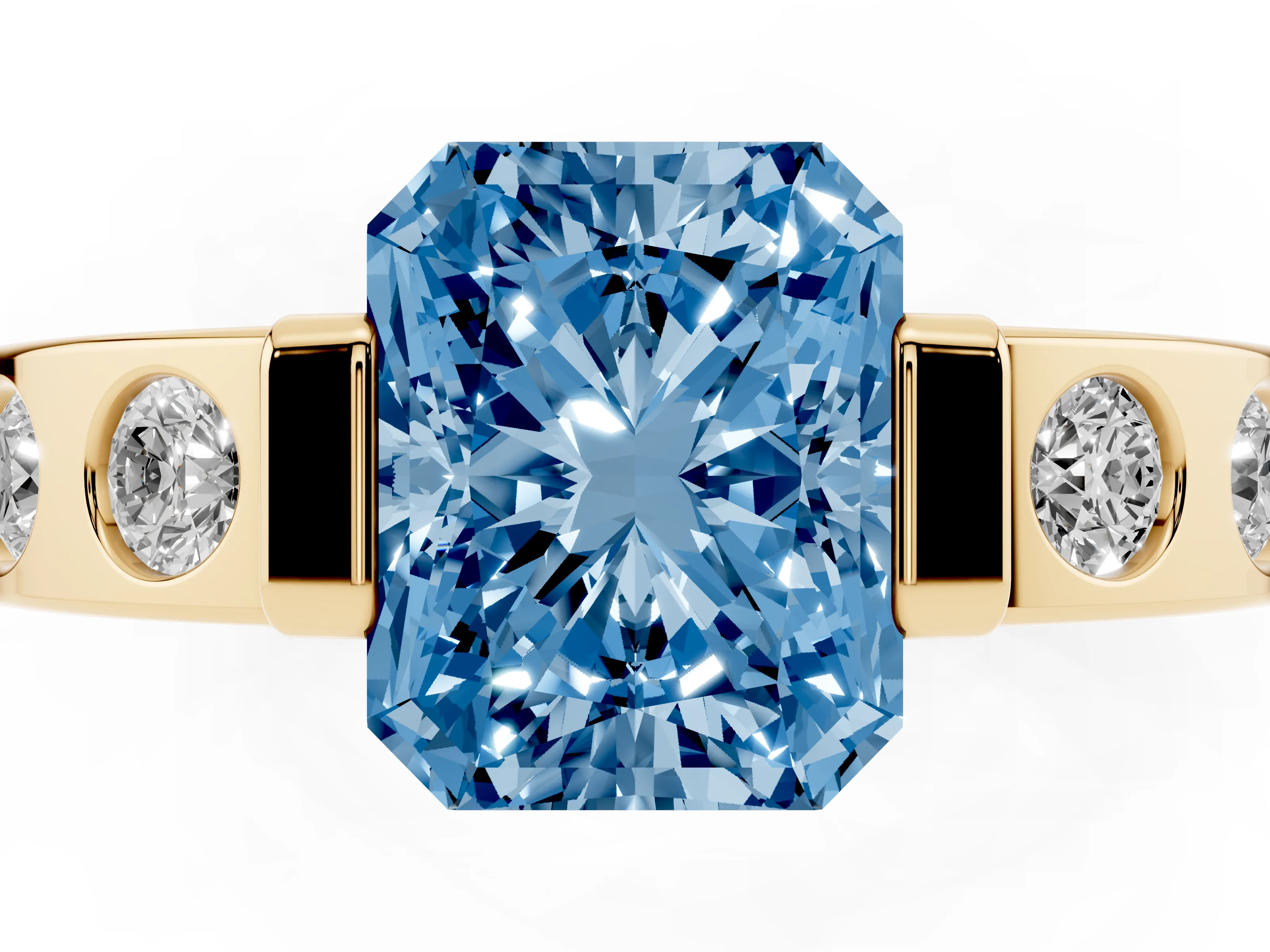 Fancy Blue Radiant Cut Diamond Channel-Set Band Ring Set in Yellow gold with Bezel Prong Setting