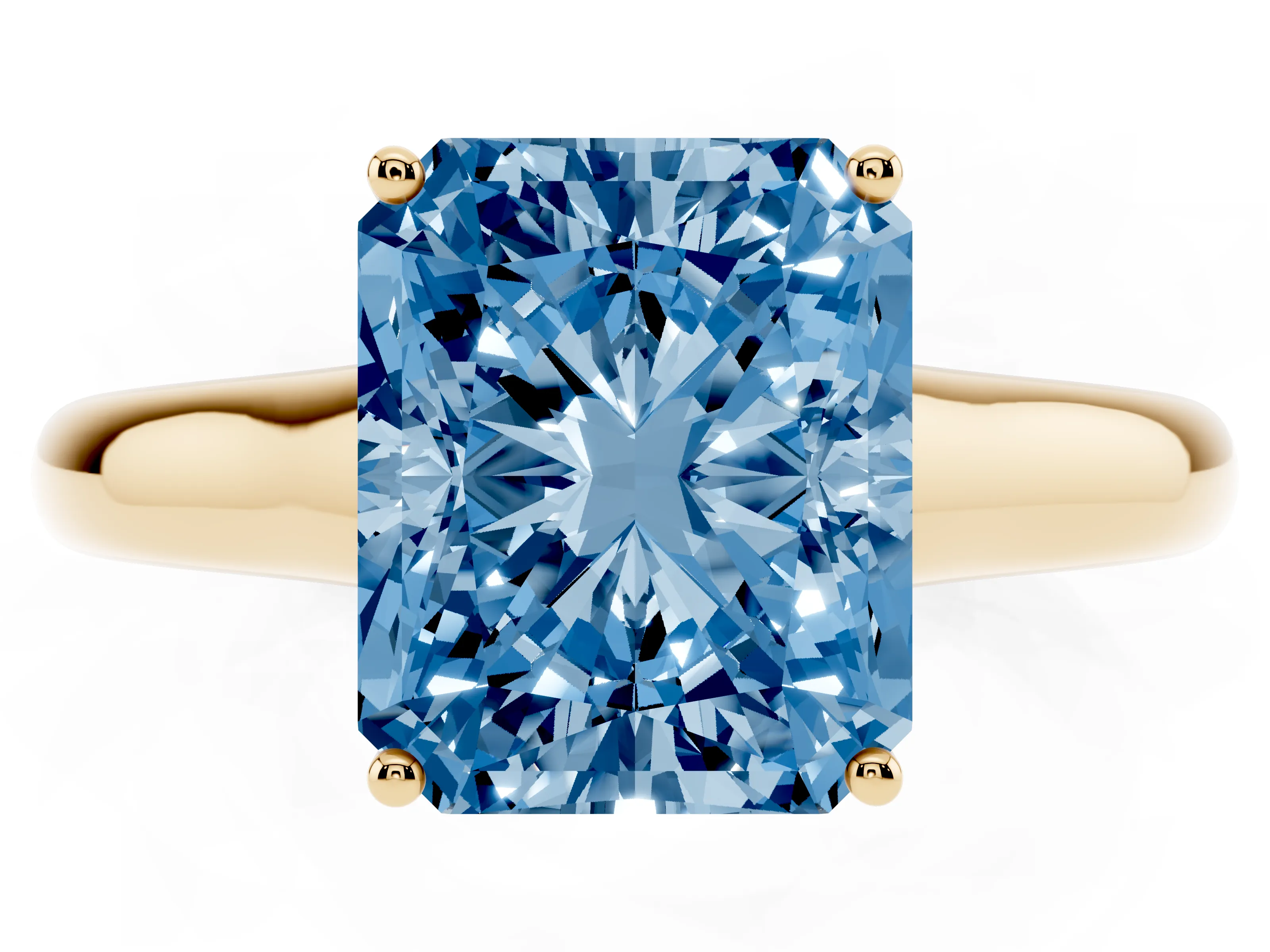 Fancy Blue Radiant Cut Diamond Solitaire Engagement Ring Set in Yellow gold with Subtly Tapered Band and Prong Setting