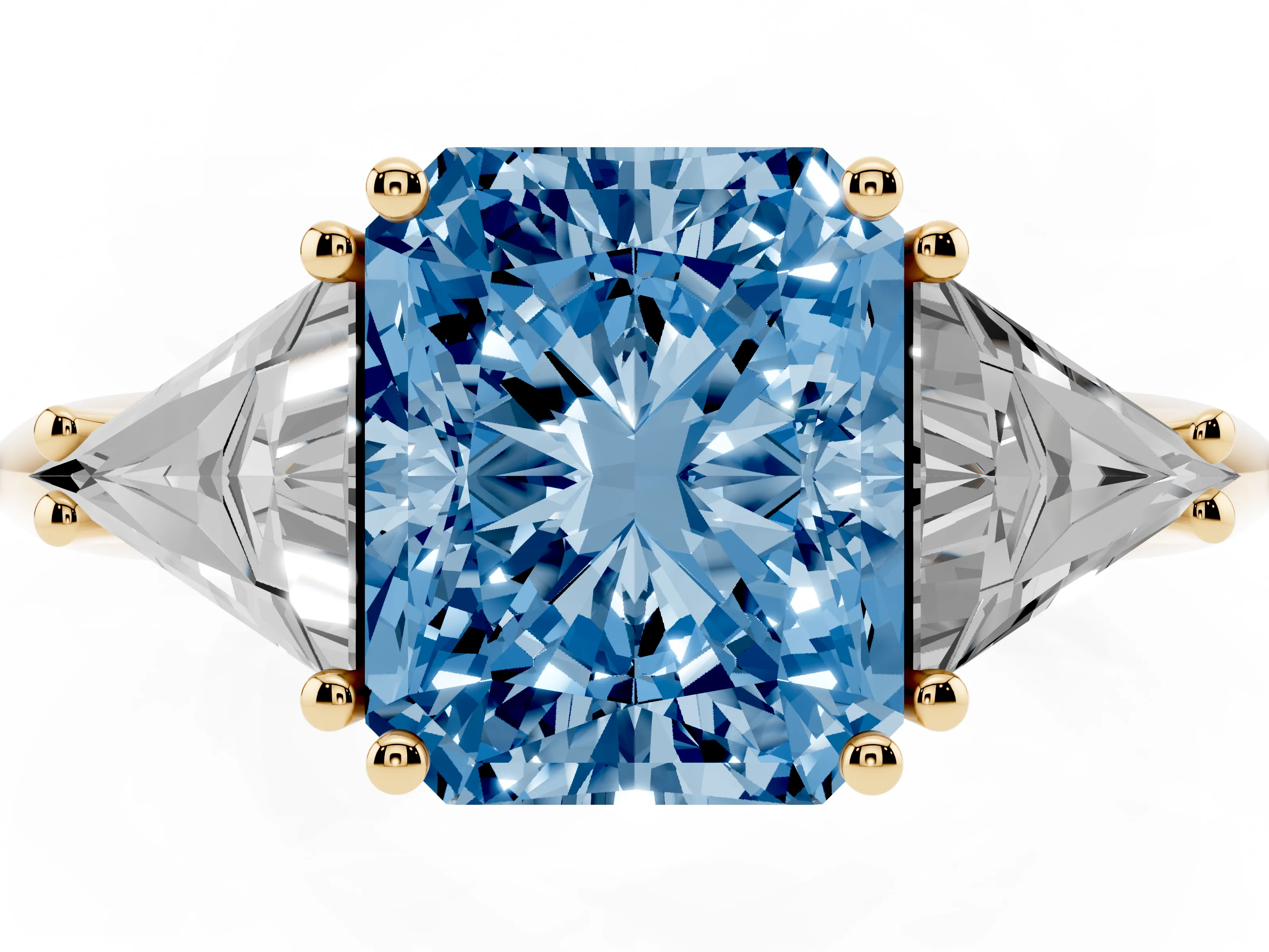 Fancy Blue Radiant Cut Diamond Three-Stone Engagement Ring Set in Yellow gold with Trillion Side Stones