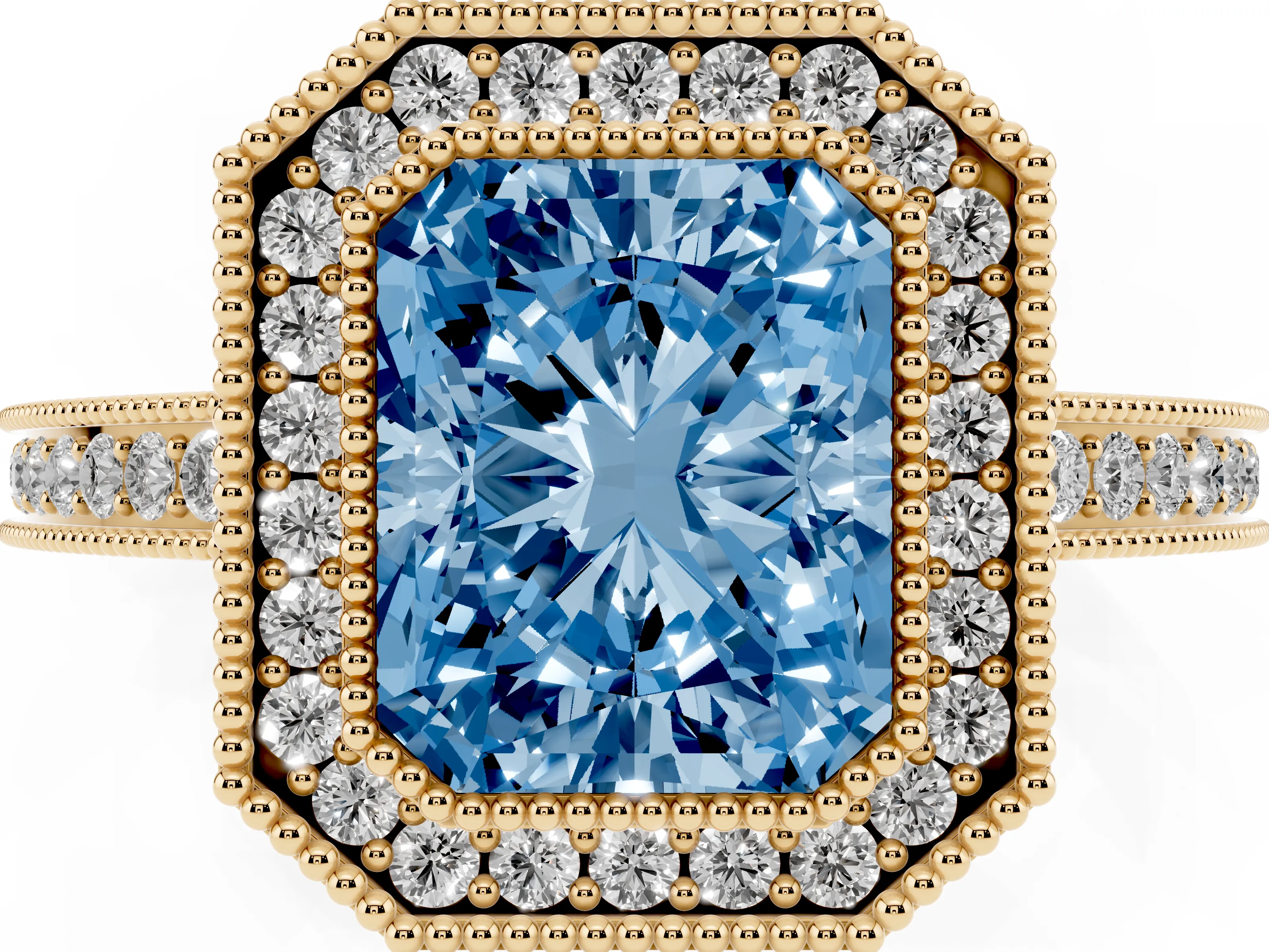Fancy Blue Radiant Cut Diamond Halo Ring Set in Yellow gold with Pavé Band and Milgrain-Edged Prongs