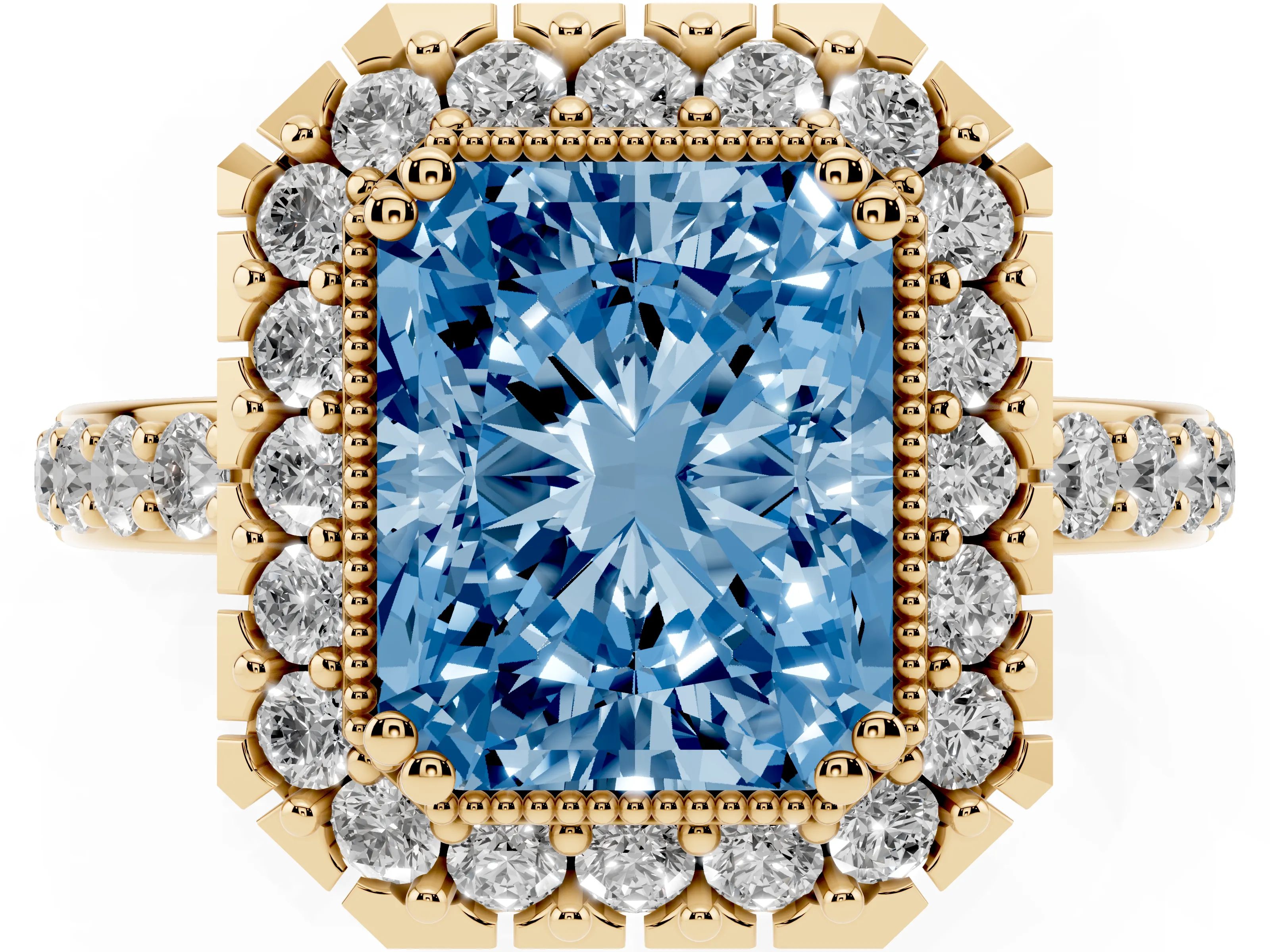 Fancy Blue Radiant Cut Diamond Halo Ring Set in Yellow gold with Pavé Shank and Prong Setting