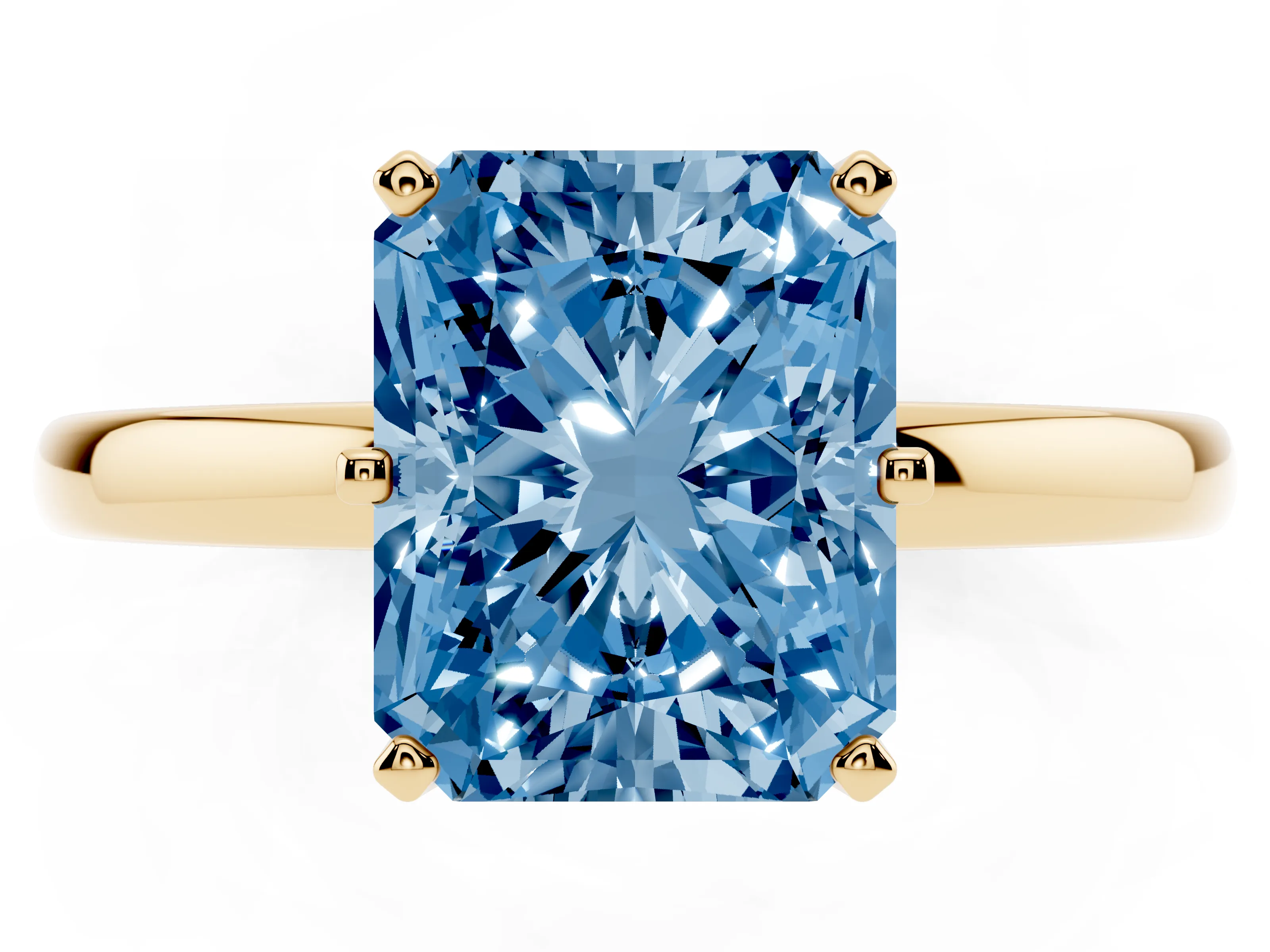 Fancy Blue Radiant Cut Diamond Solitaire Ring Set in Yellow gold with Raised Prong Setting on a Classic Band