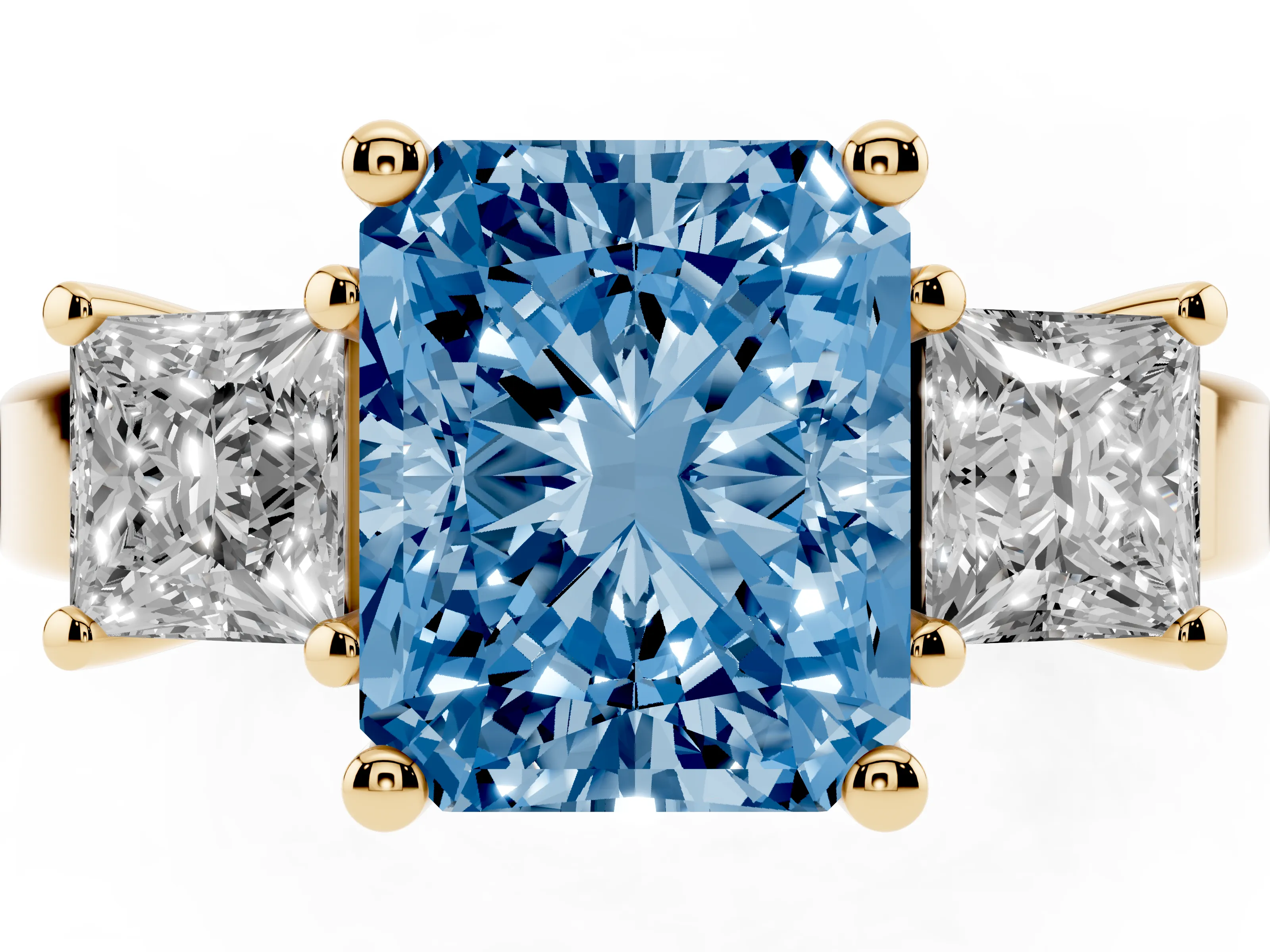 Fancy Blue Three-Stone Radiant Cut Diamond Solitaire Ring Set in Yellow gold with Prong Setting