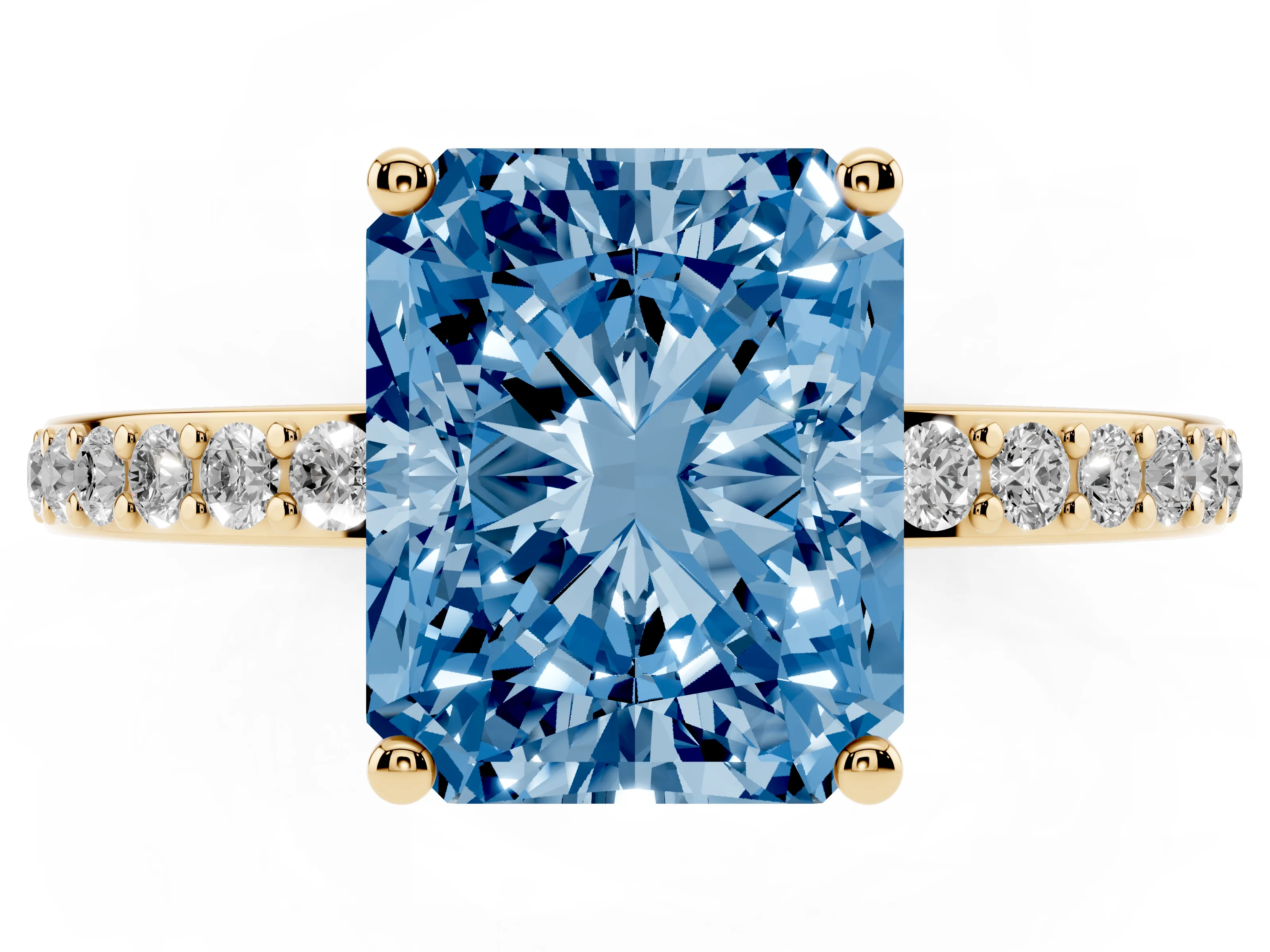 Fancy Blue Radiant Cut Diamond Pavé Band Ring Set in Yellow gold with Prong-Set Center Stone
