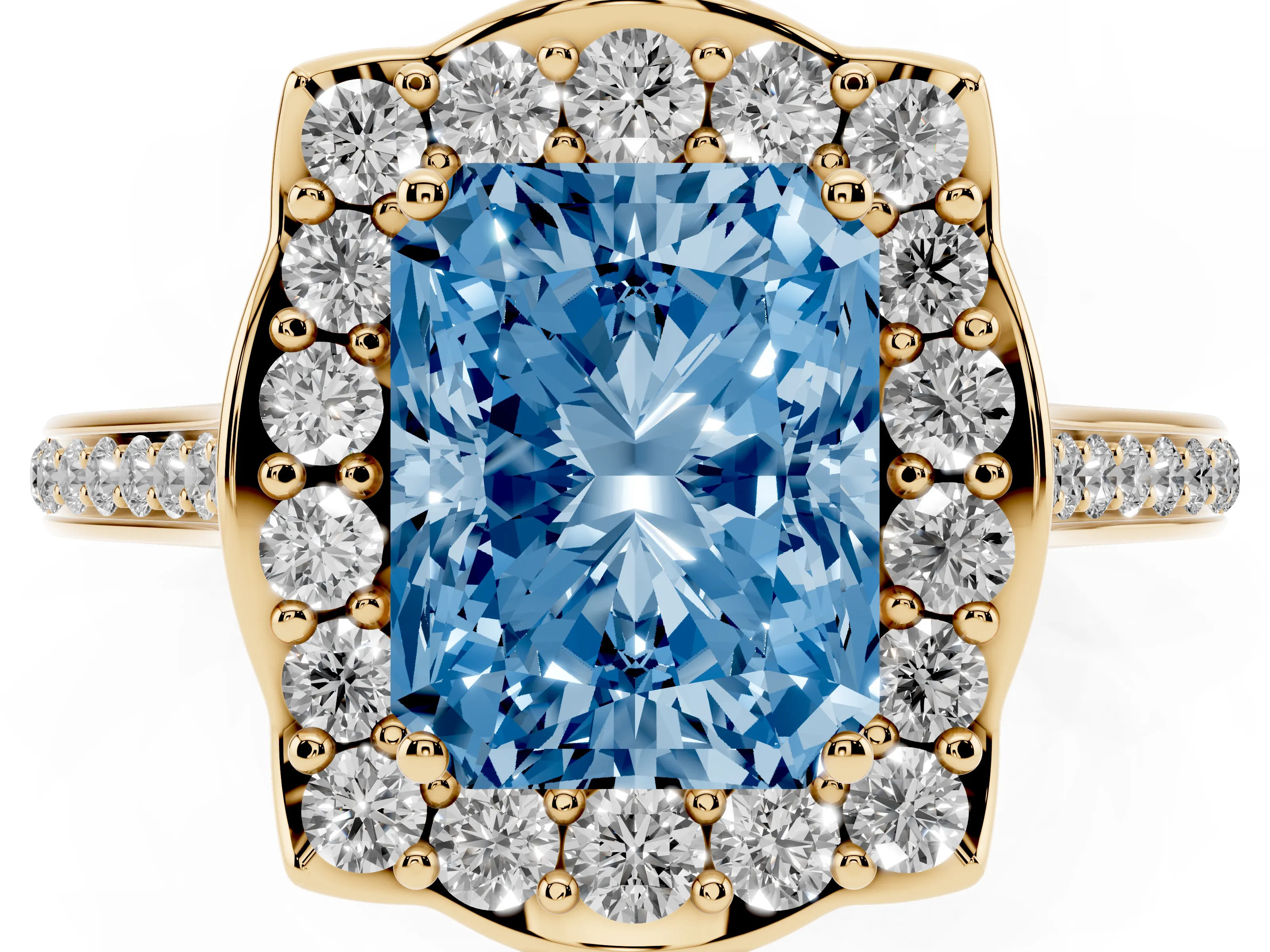 Fancy Blue Radiant Cut Diamond Halo Ring Set in Yellow gold with Pavé-Lined Shoulders and Prong Setting
