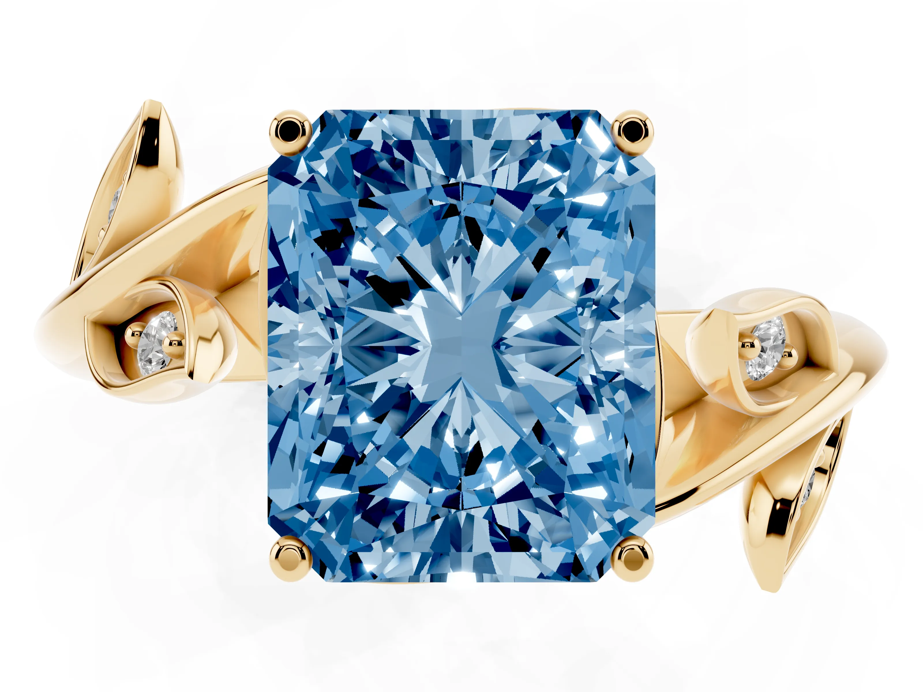 Fancy Blue Radiant Cut Diamond Solitaire Twist Engagement Ring Set in Yellow gold with Pavé Leaf Accents