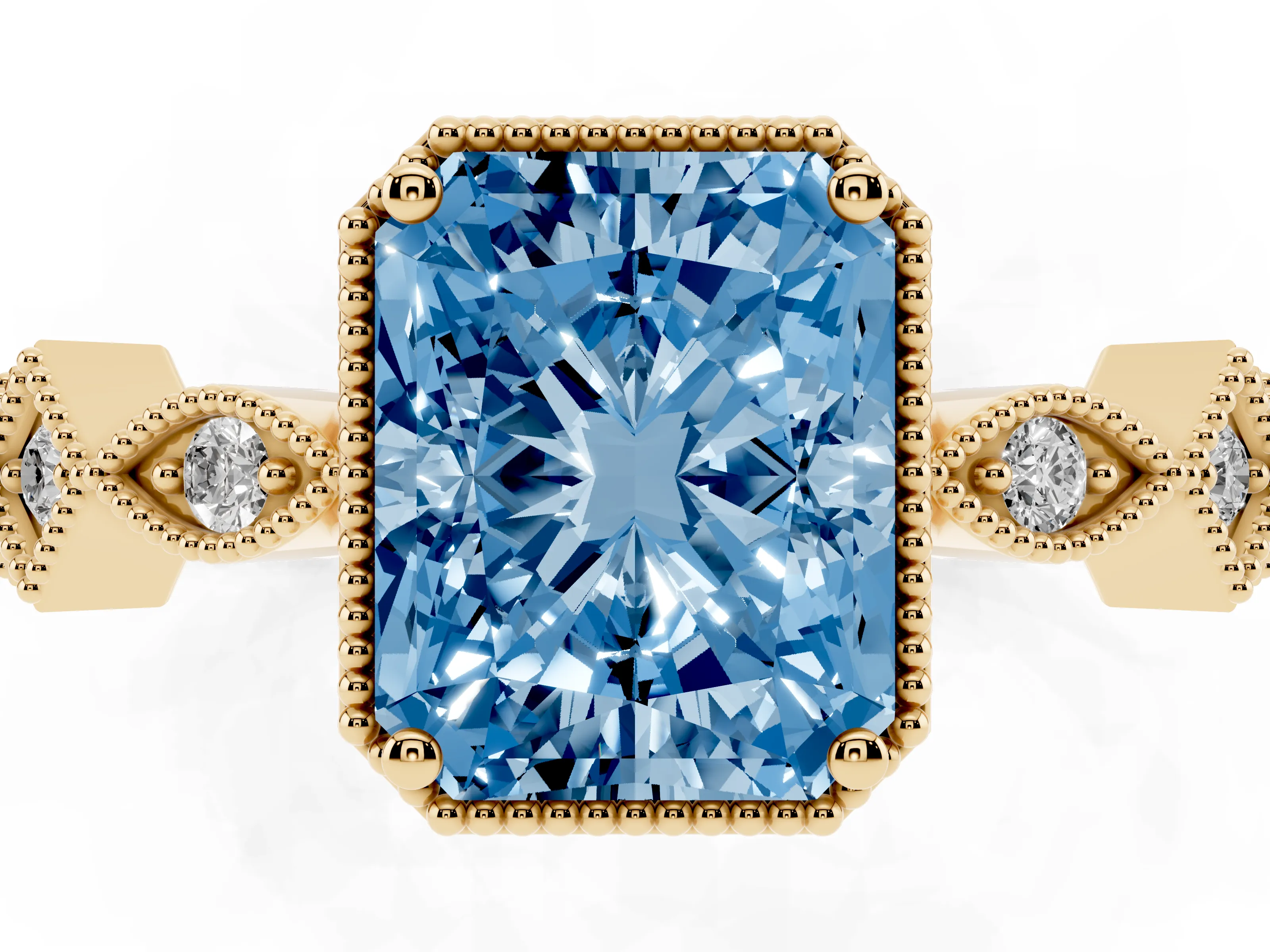Fancy Blue Radiant Cut Diamond Milgrain Marquise Twist Band Ring Set in Yellow gold with Prong Setting