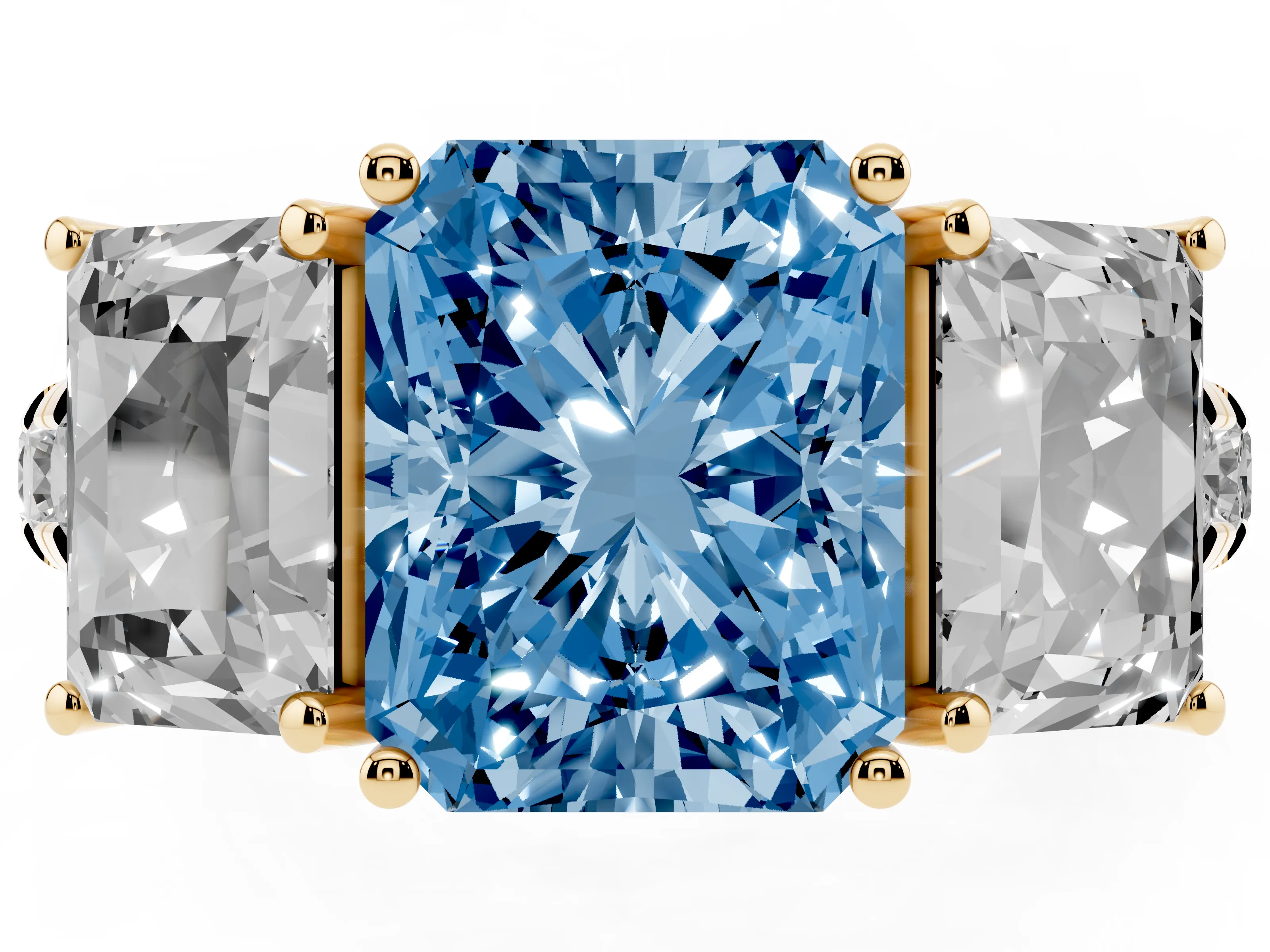 Fancy Blue Radiant Cut Diamond Three-Stone Ring Set in Yellow gold with Pavé Band