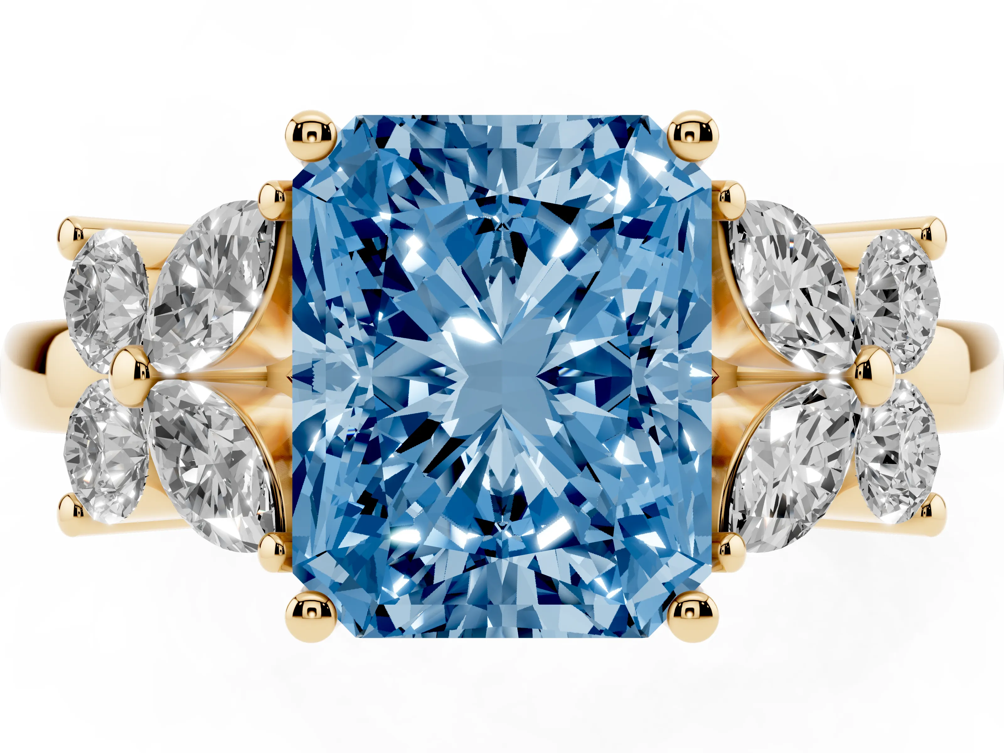 Fancy Blue Radiant Cut Diamond Floral Cluster Ring Set in Yellow gold with Marquise Petals and Prong Setting