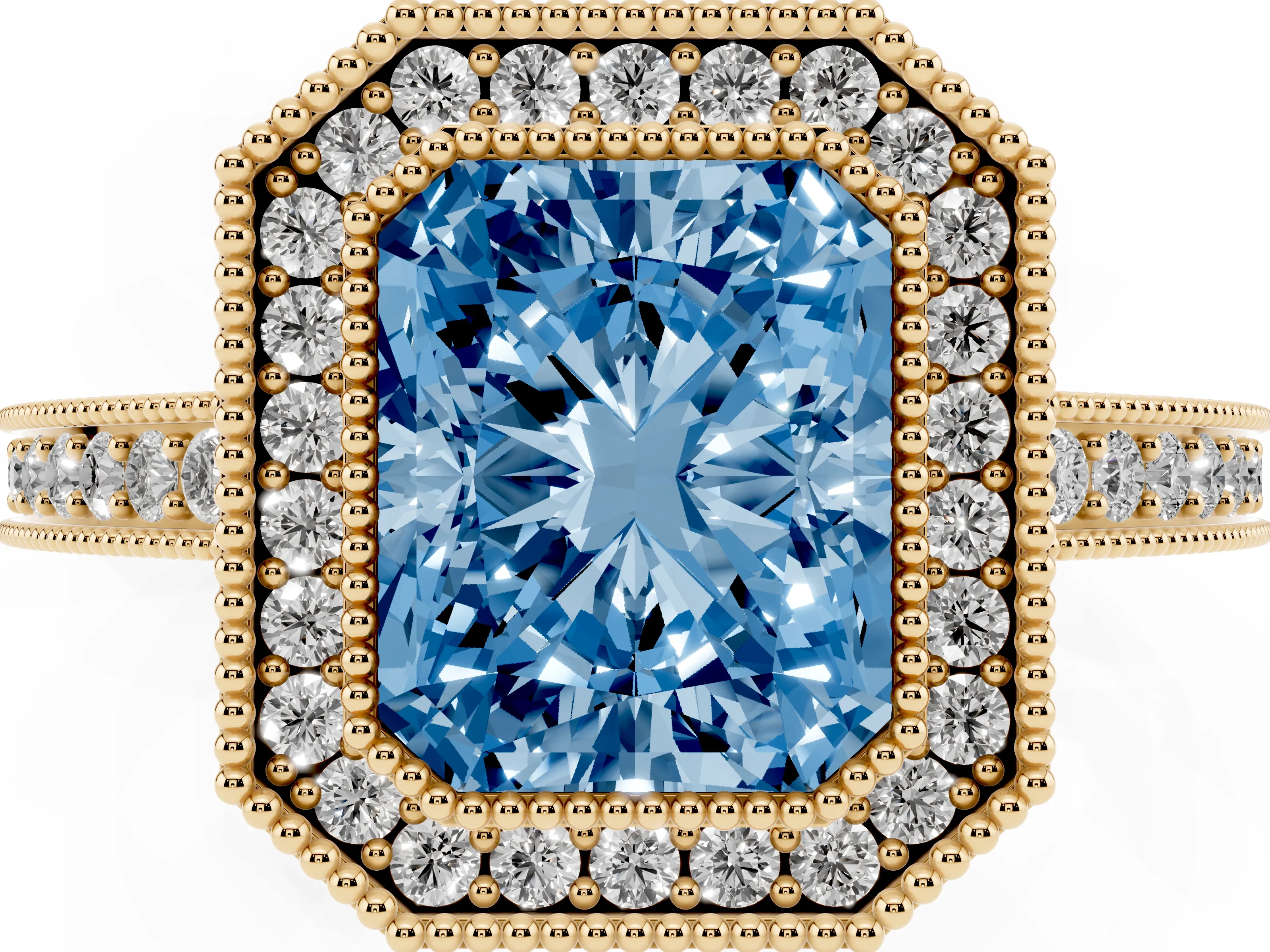Fancy Blue Radiant Cut Diamond Round Halo Ring Set in Yellow gold with Pavé Band