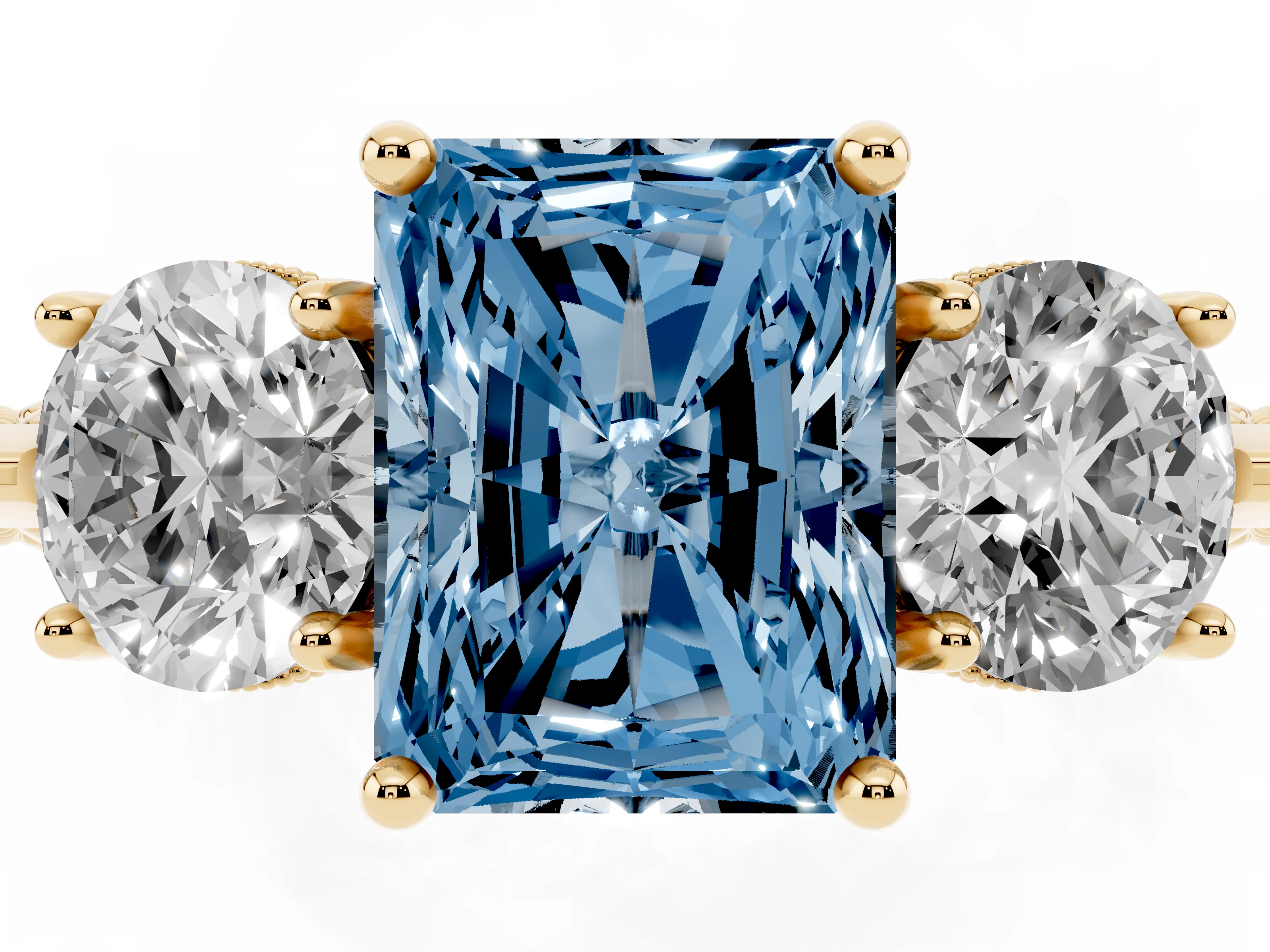 Fancy Blue Radiant Cut Diamond Three-Stone Ring Set in Yellow gold with Milgrain Band
