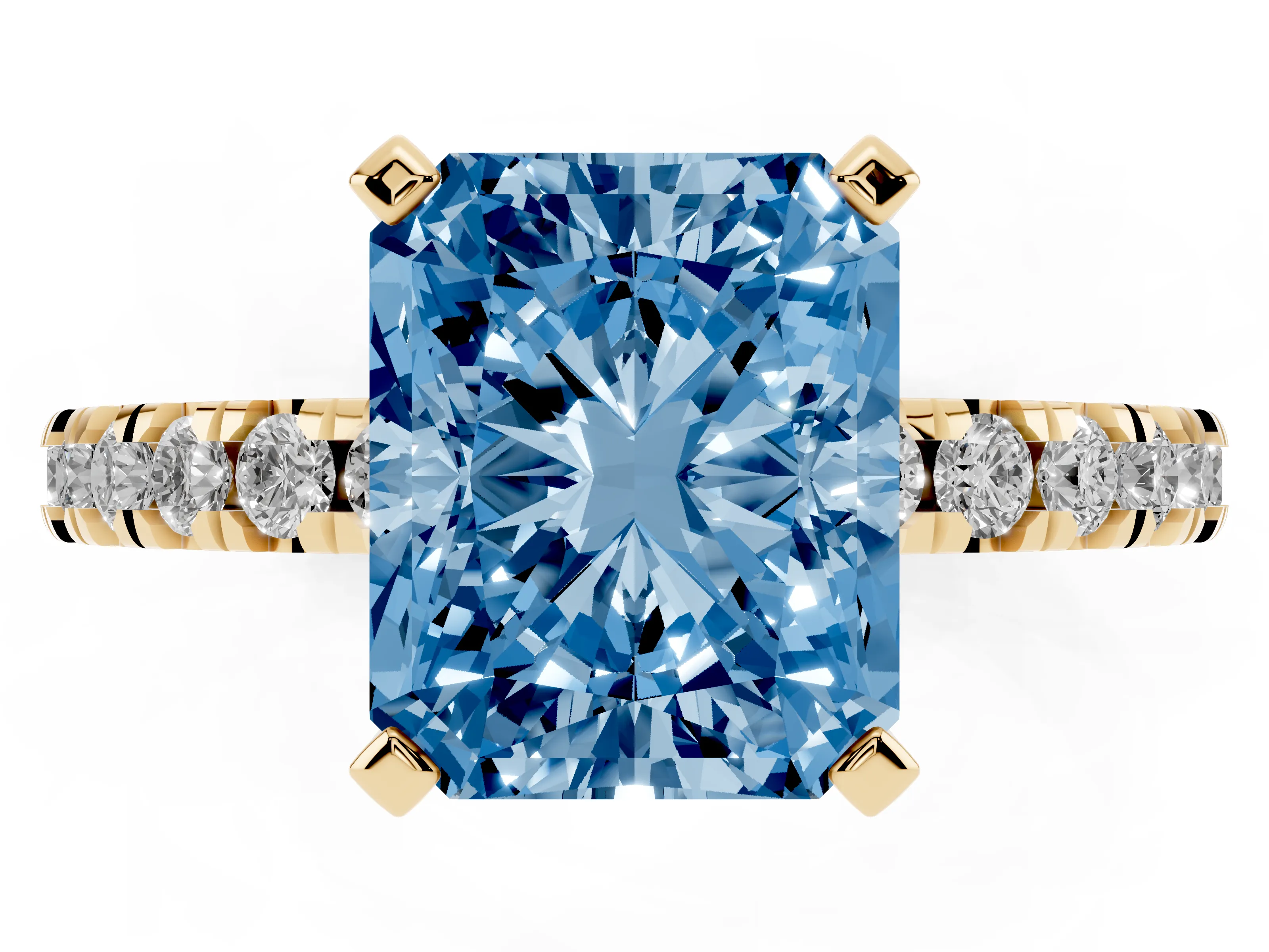 Fancy Blue Radiant Cut Diamond Pavé Band Solitaire Set in Yellow gold with Prong Setting
