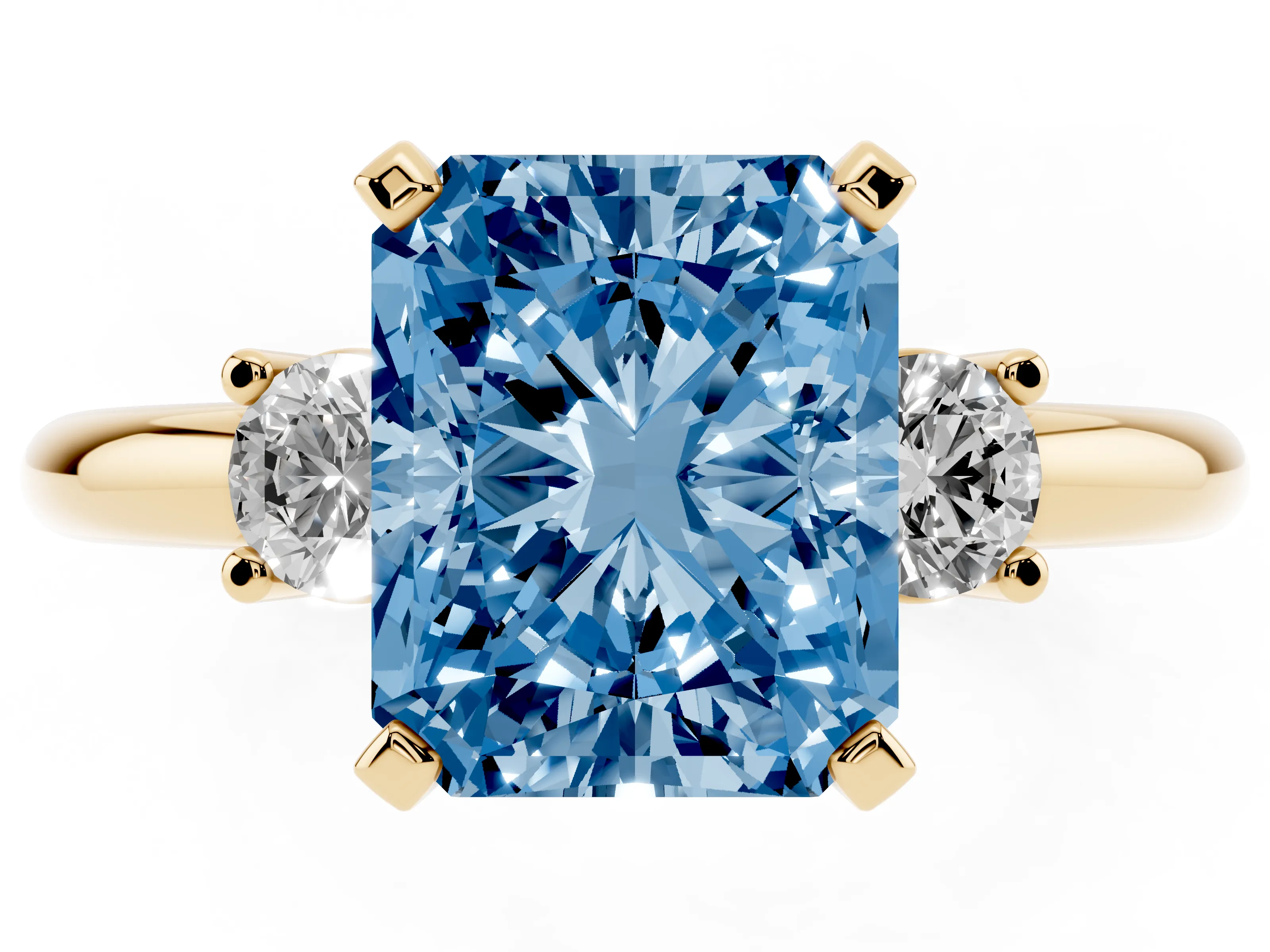 Fancy Blue Three-Stone Radiant Cut Diamond Ring Set in Yellow gold with Prong Setting and Plain Band