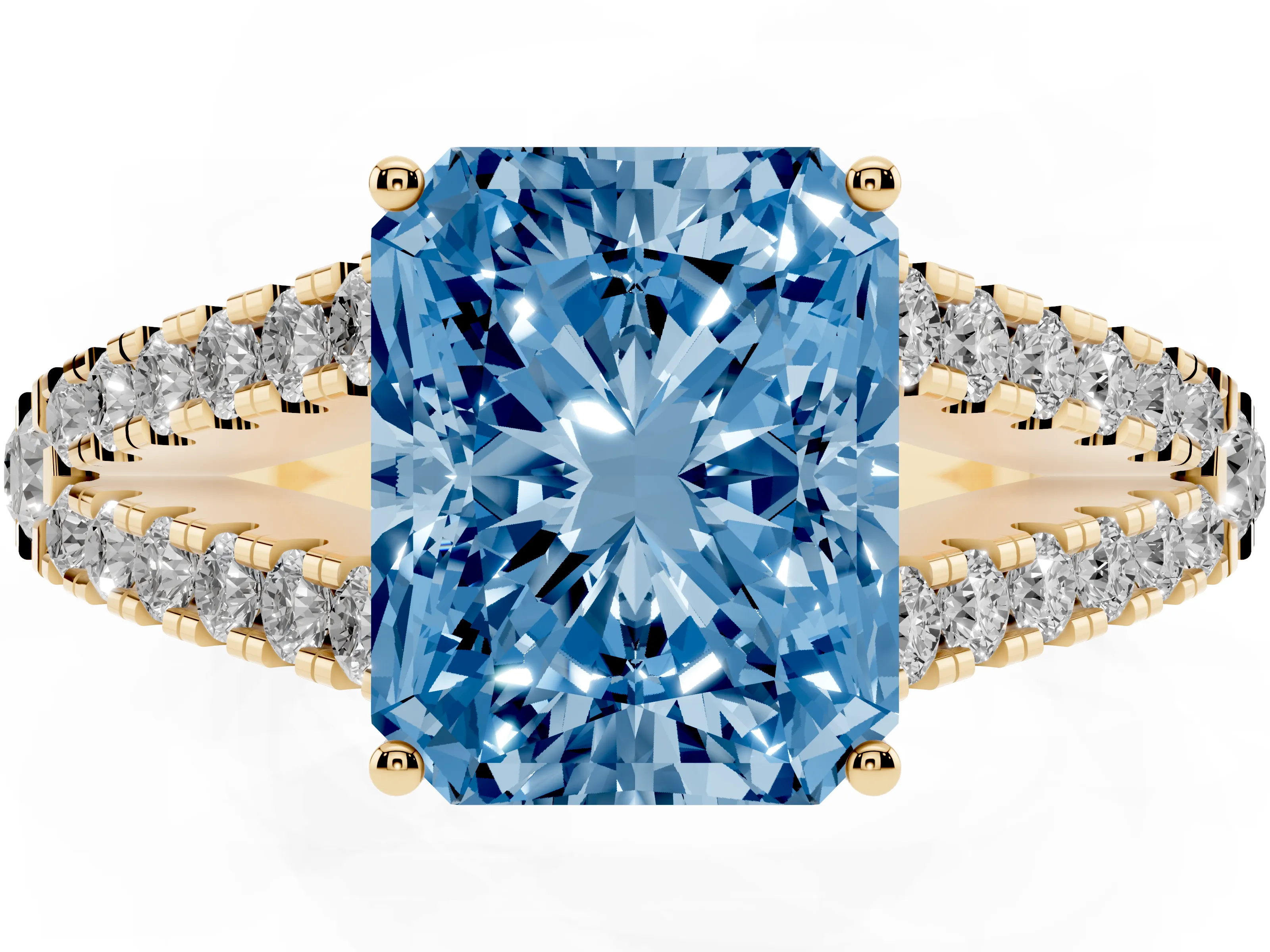 Fancy Blue Radiant Cut Diamond Split Shank Pavé Engagement Ring Set in Yellow gold with Prong-Held Center Stone