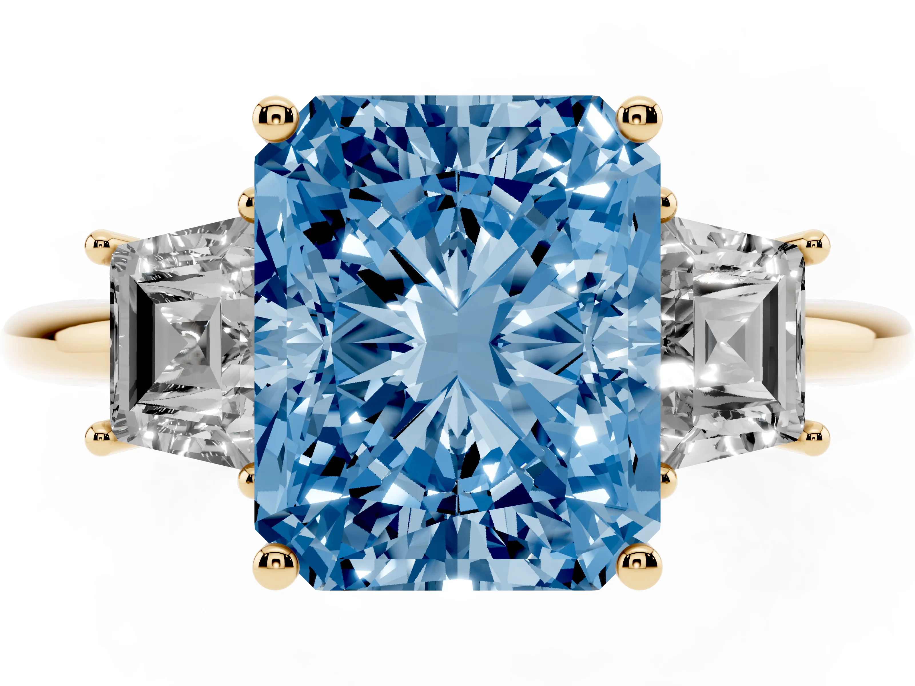 Fancy Blue Radiant Cut Diamond Three-Stone Ring Set in Yellow gold with Trapezoid Side Stones and Prong Setting
