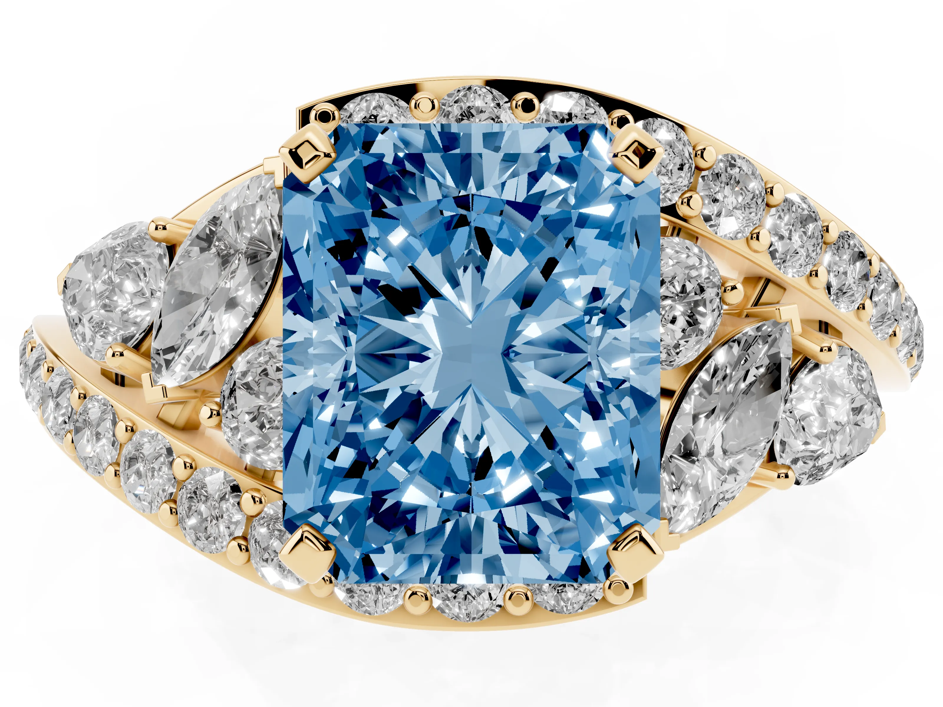 Fancy Blue Radiant Cut Diamond Halo Ring Set in Yellow gold with Marquise and Pavé Band in Prong Setting
