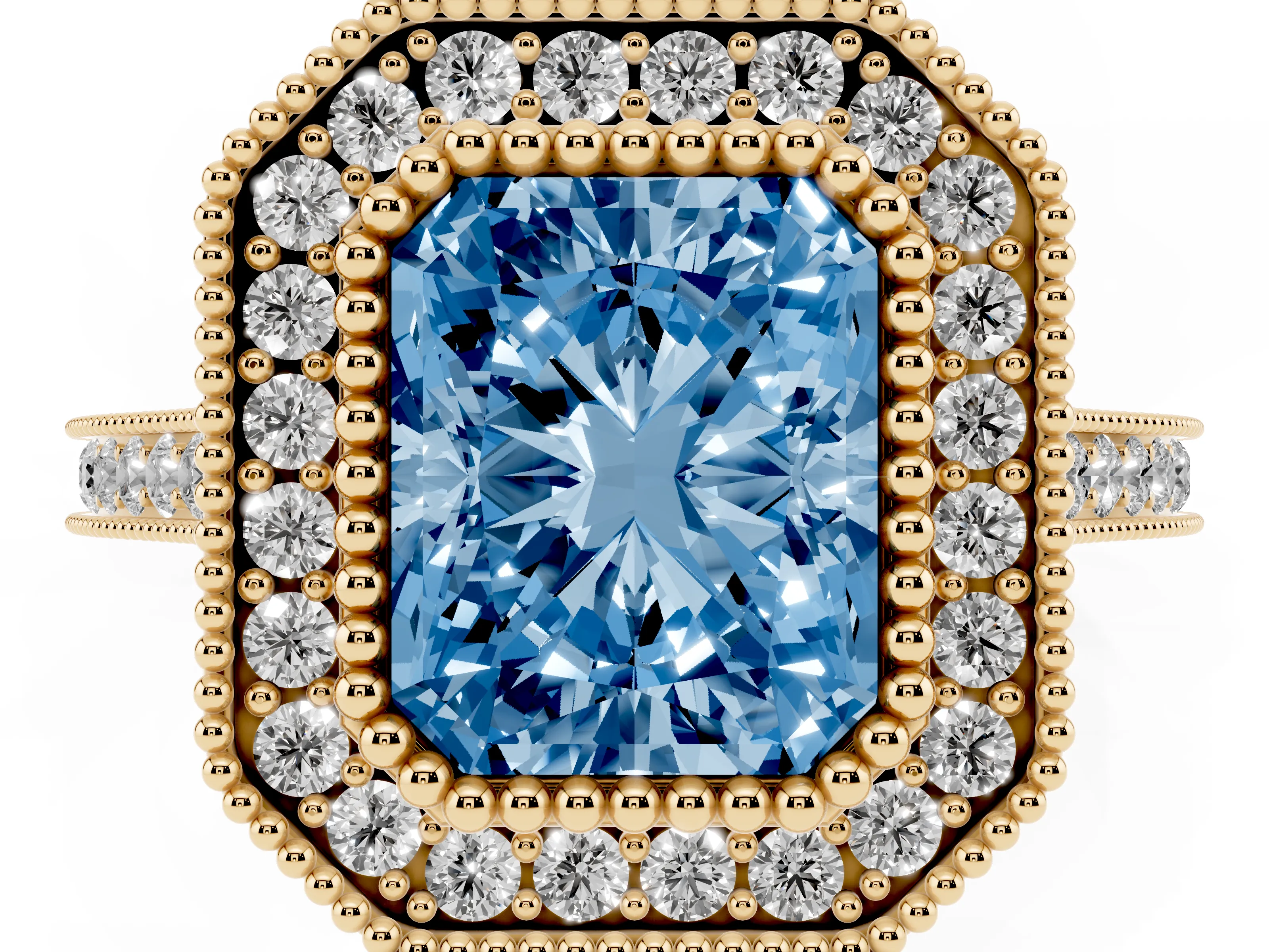 Fancy Blue Radiant Cut Diamond Halo Ring Set in Yellow gold with Milgrain Frame and Pavé Band