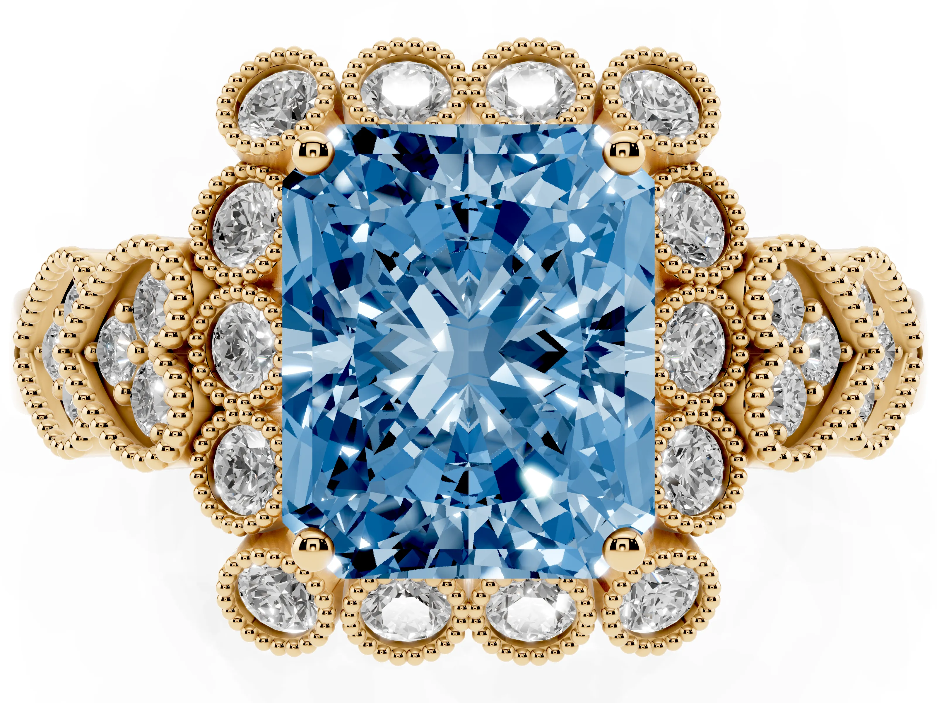 Fancy Blue Radiant Cut Diamond Solitaire Ring Set in Yellow gold with Milgrain Pavé Heart Band