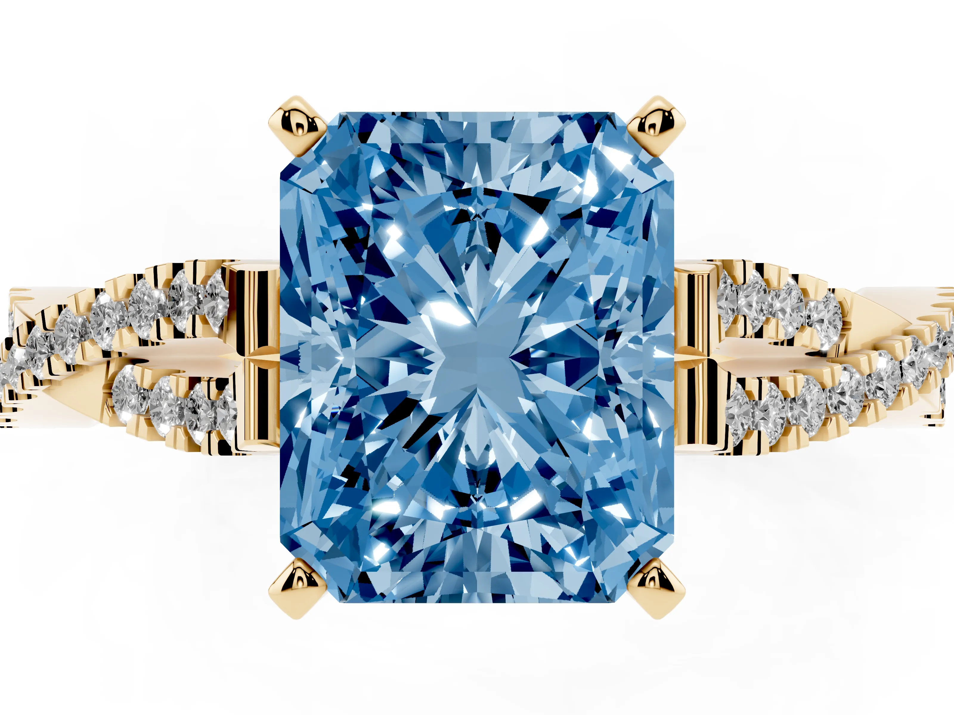 Fancy Blue Radiant Cut Diamond Solitaire Engagement Ring Set in Yellow gold with Twisted Pavé Band and Prong Setting
