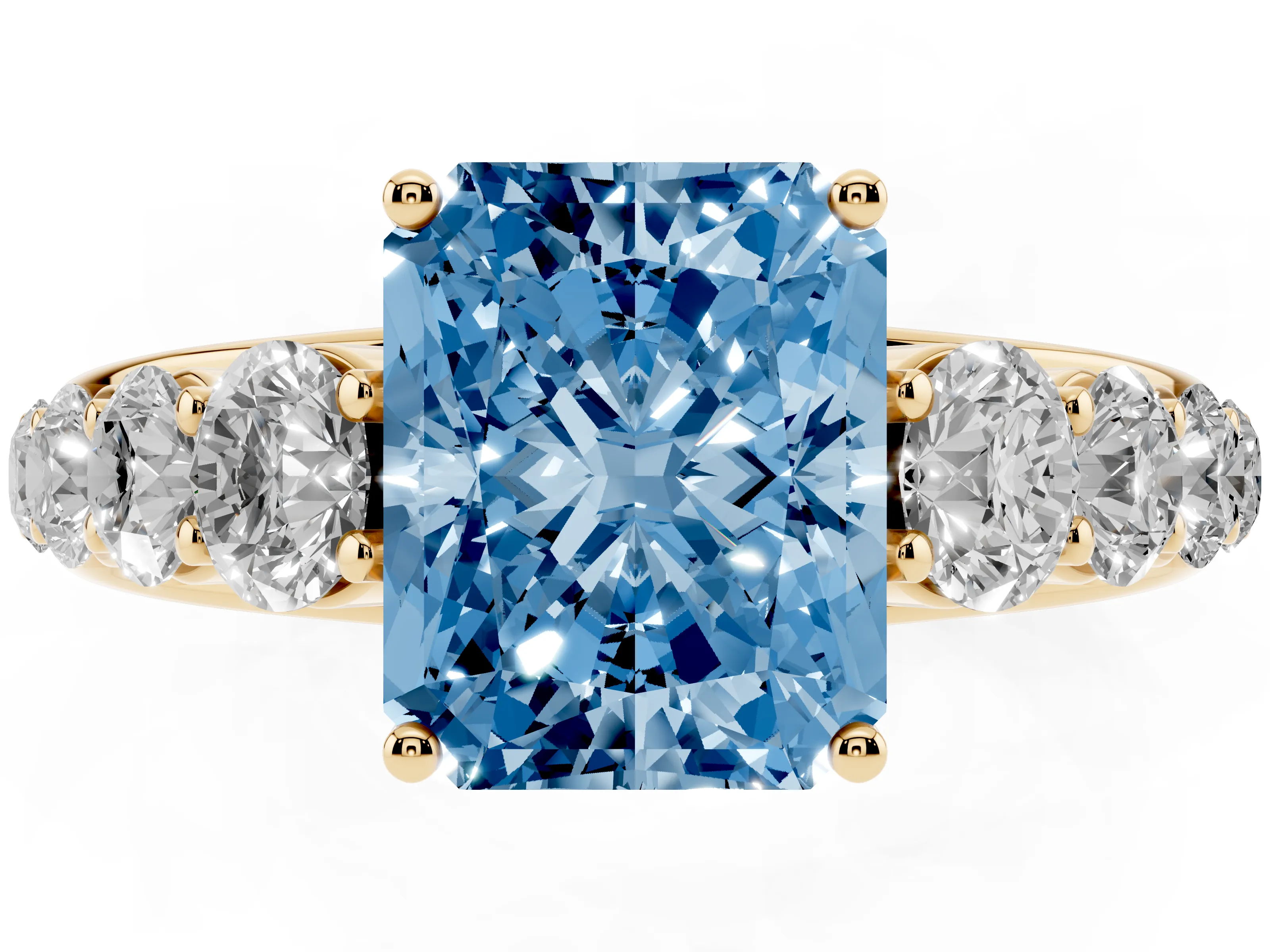 Fancy Blue Radiant Cut Diamond Solitaire Ring Set in Yellow gold with Pavé-Set Band and Prong Setting
