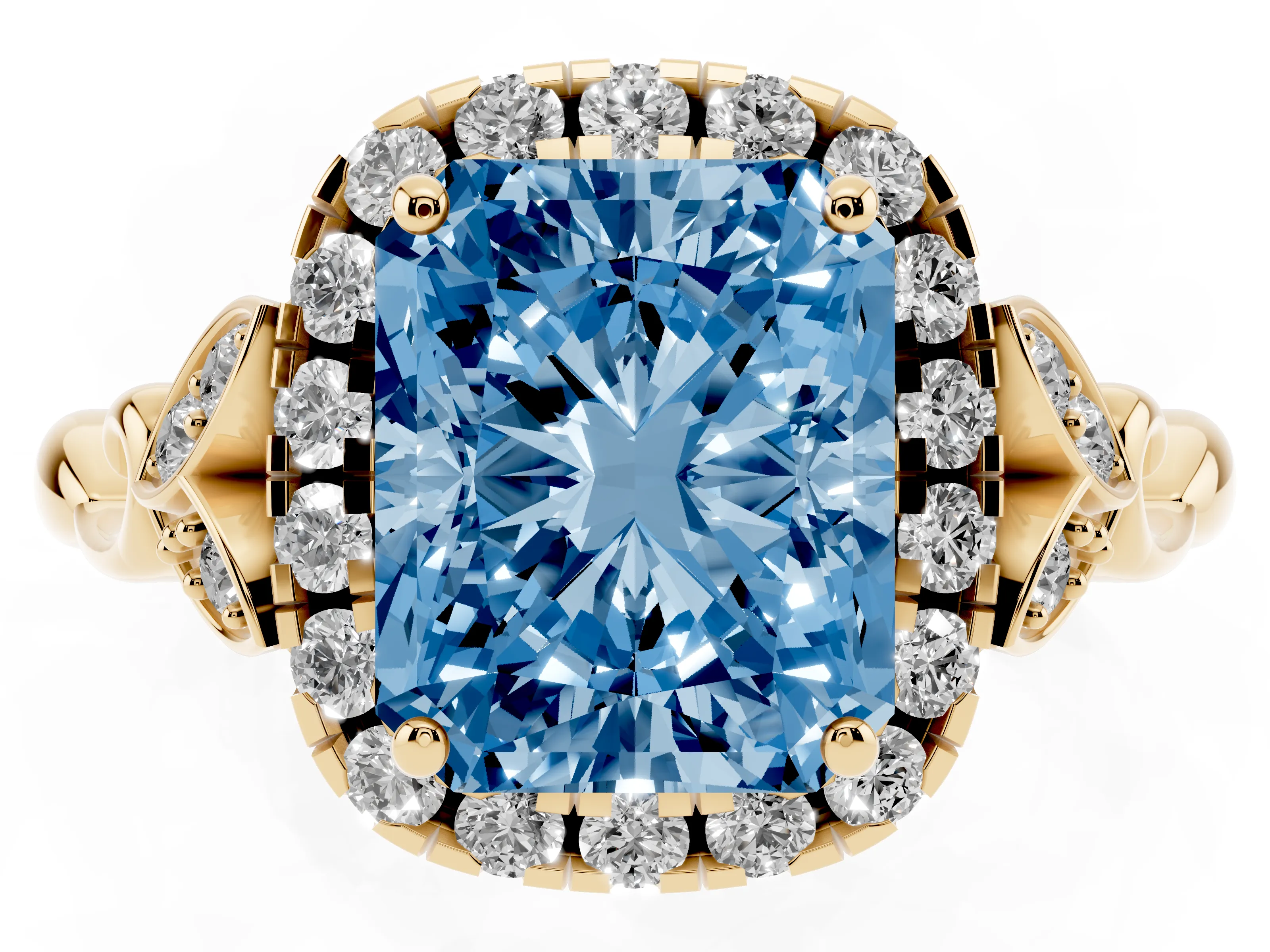 Fancy Blue Radiant Cut Diamond Halo Engagement Ring Set in Yellow gold with Vintage-Inspired Band and Prong Setting