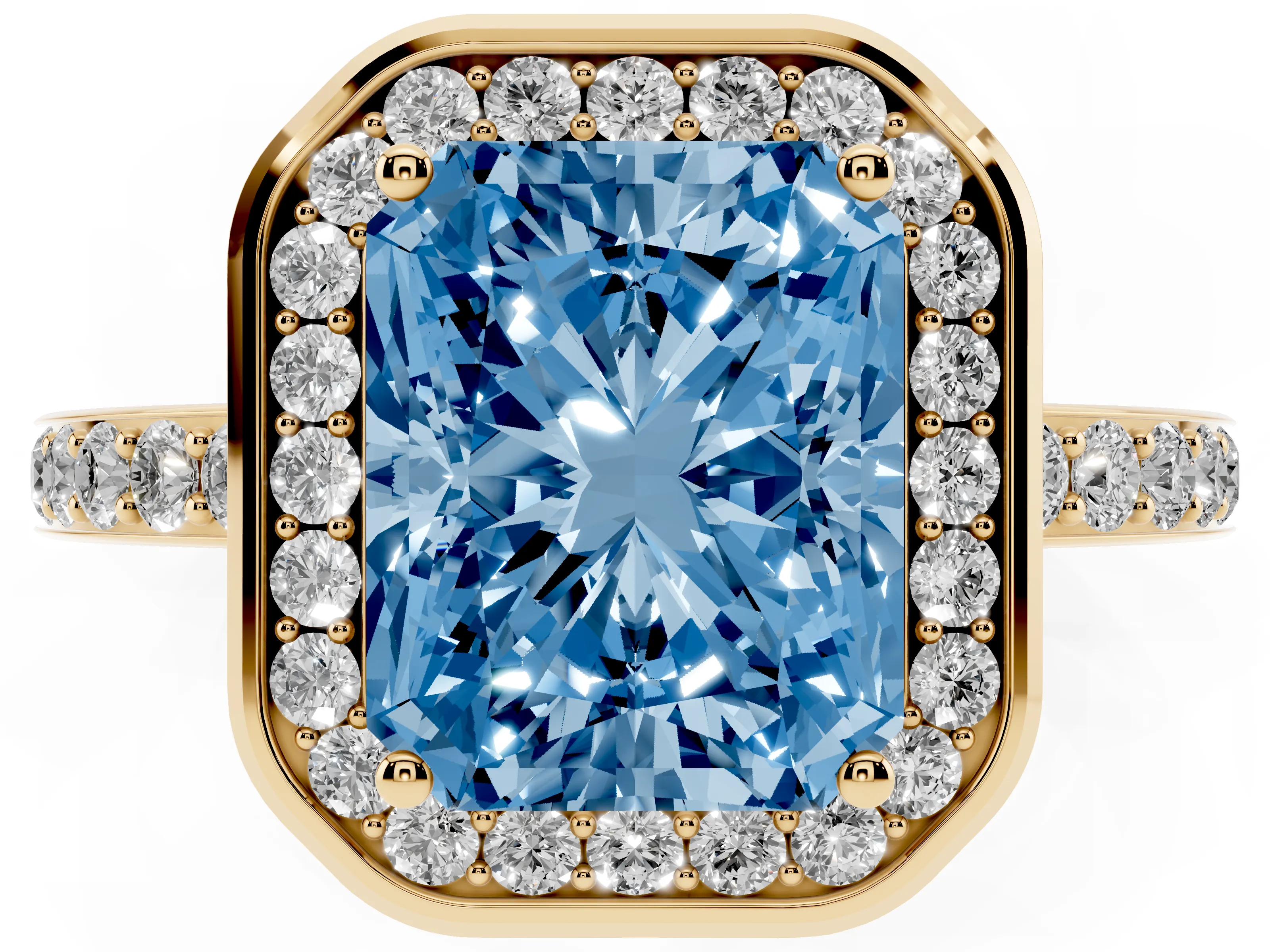 Fancy Blue Radiant Cut Diamond Halo Ring Set in Yellow gold with Bezel Frame and Pavé Band
