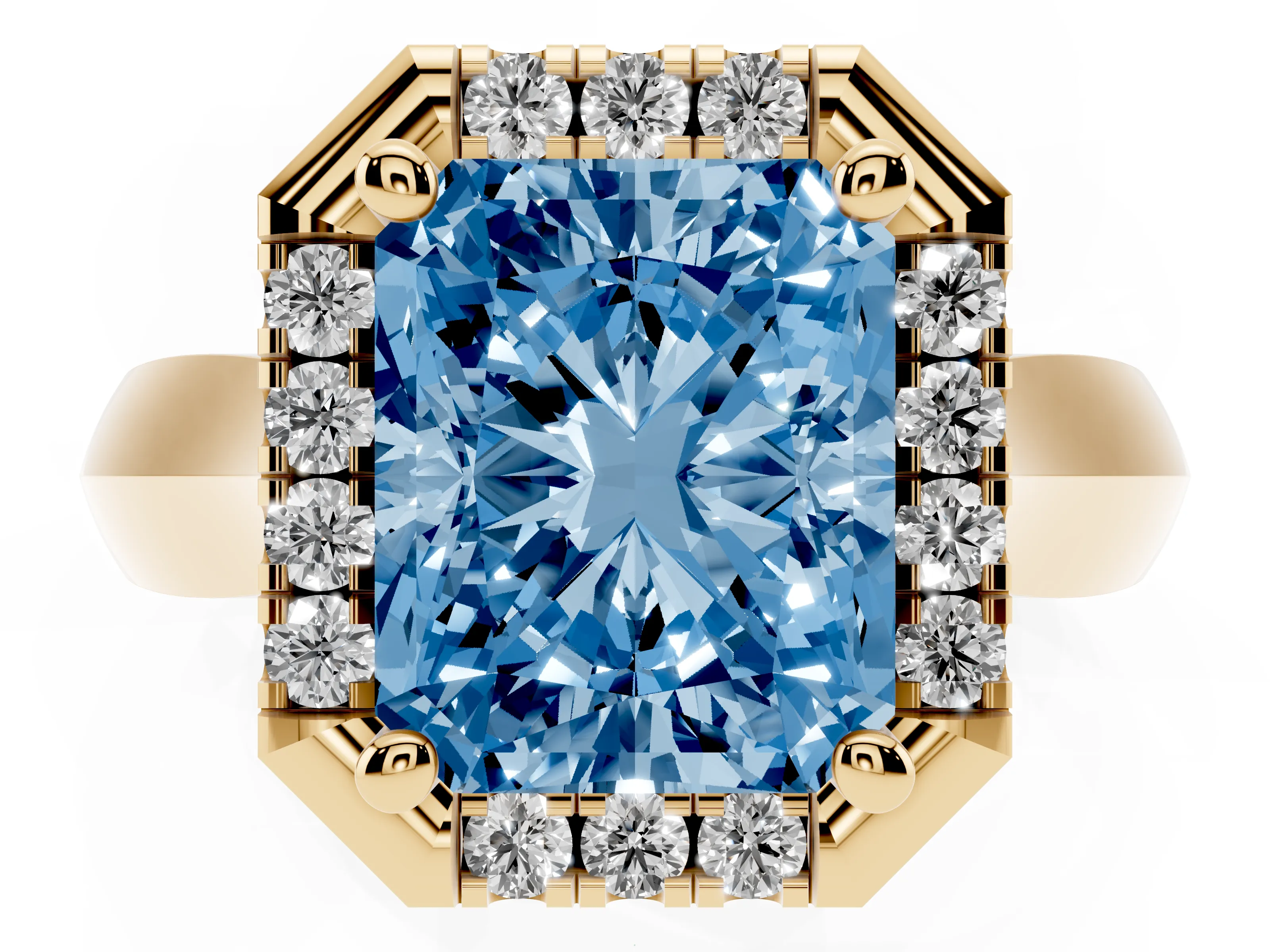 Fancy Blue Radiant Cut Diamond Halo Solitaire Engagement Ring Set in Yellow gold with Square Band and Prong Setting