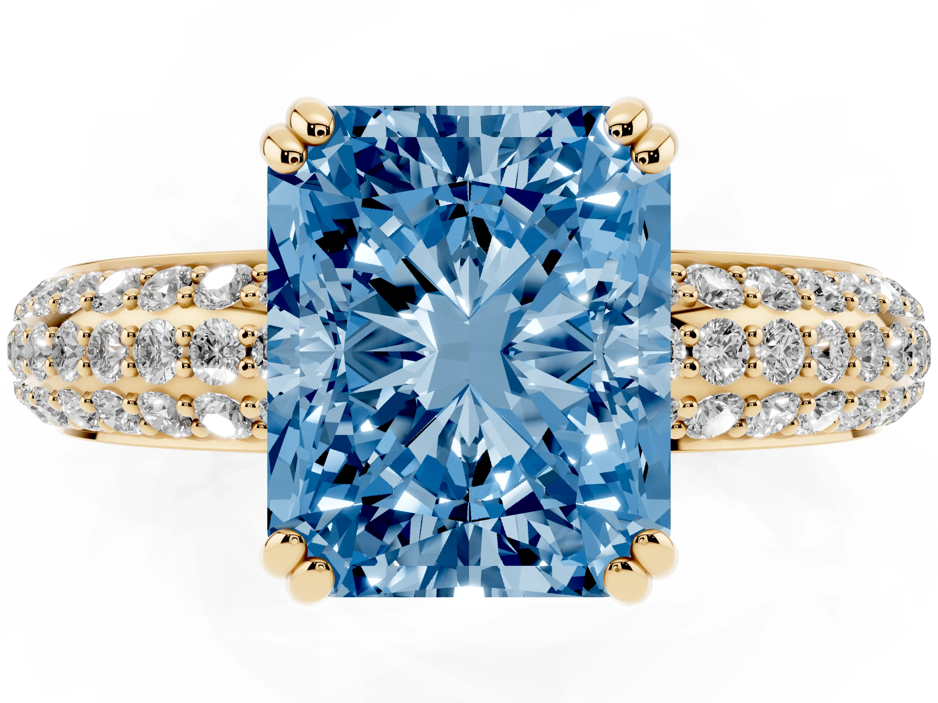 Fancy Blue Radiant Cut Diamond Solitaire Ring Set in Yellow gold with Multi-Row Round Pavé Band and Prong Setting