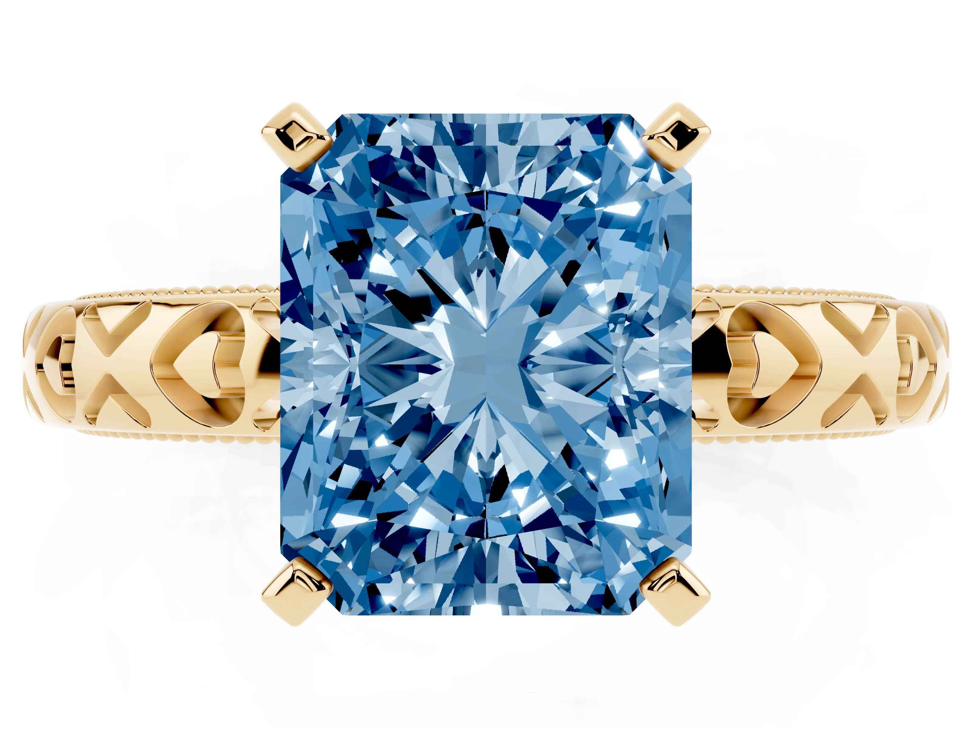 Fancy Blue Radiant Cut Diamond Solitaire Engagement Ring Set in Yellow gold with XO Engraved Band and Prong Setting