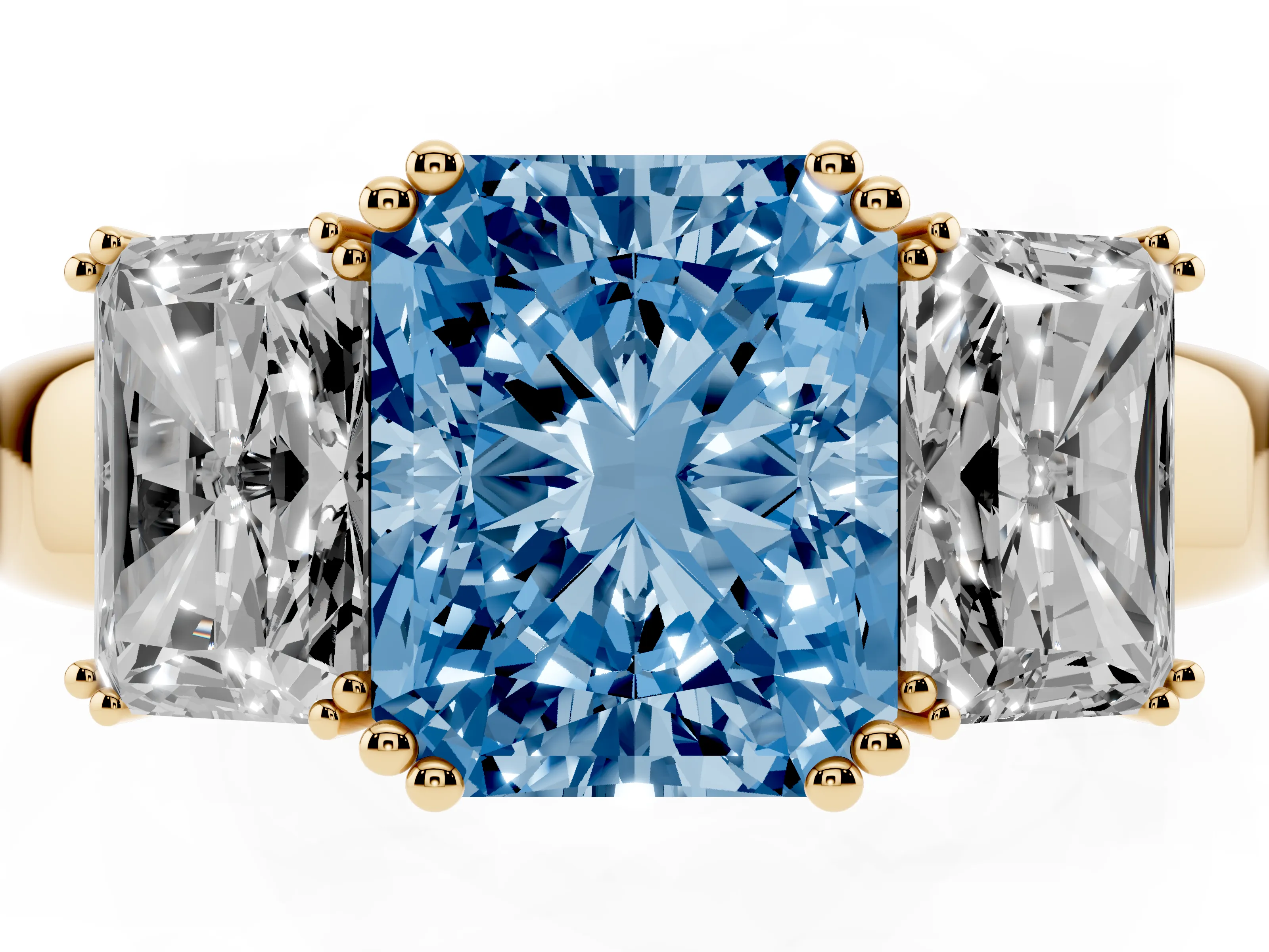 Fancy Blue Radiant Cut Diamond Three-Stone Ring Set in Yellow gold with Polished Channel-Set Band