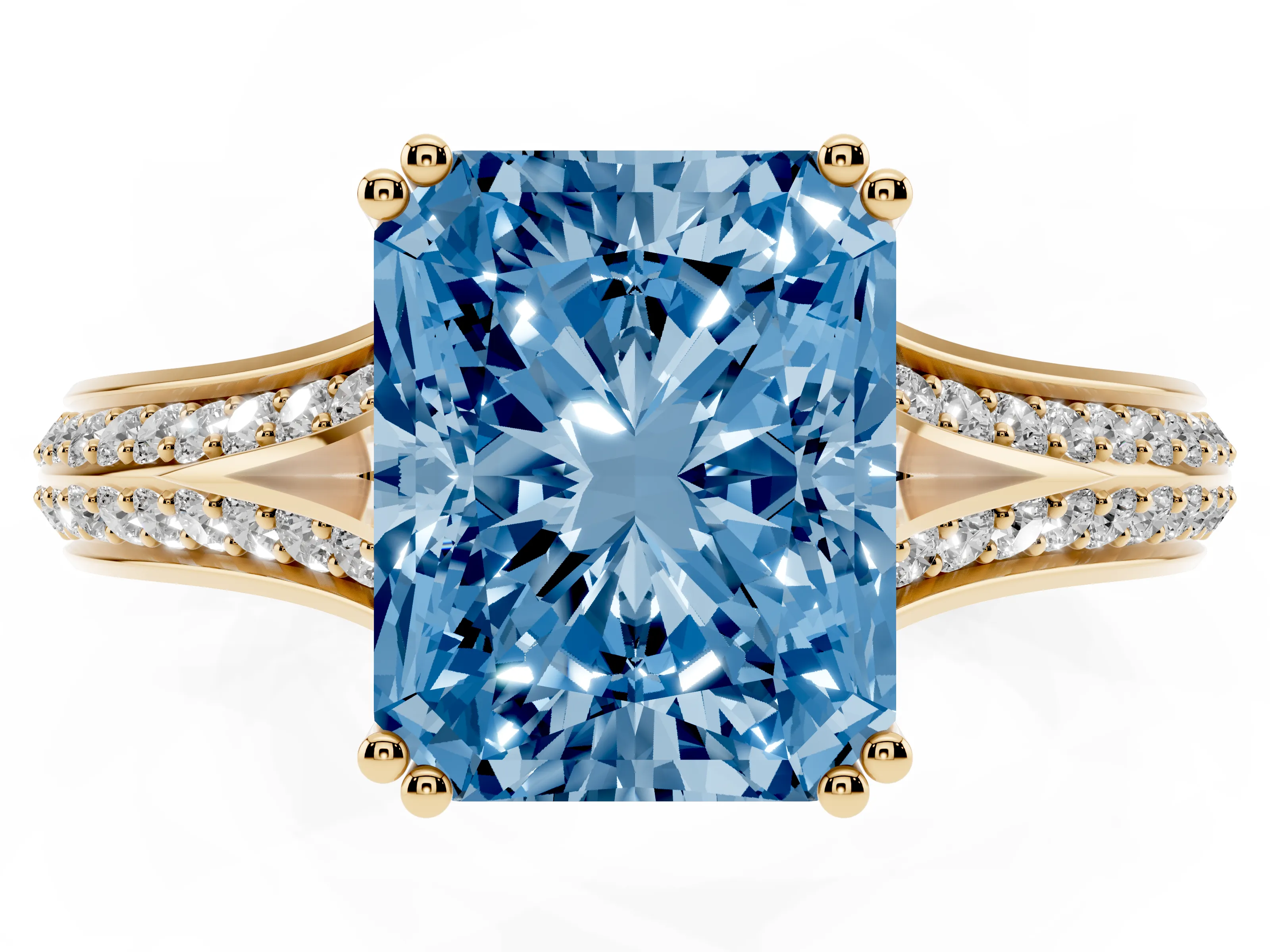 Fancy Blue Radiant Cut Diamond Split Shank Pavé Engagement Ring Set in Yellow gold with Prong-Set Center Stone