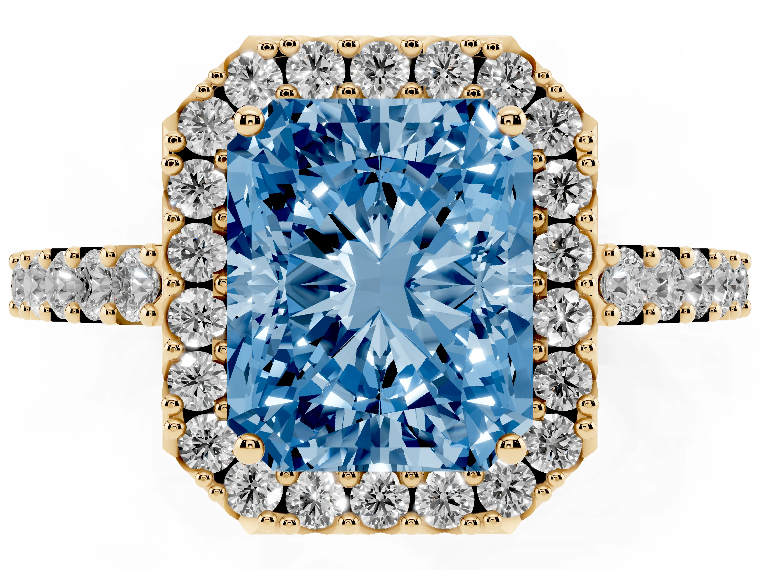 Fancy Blue Radiant Cut Diamond Halo Pavé Solitaire Ring Set in Yellow gold with Prong-Set Center Stone
