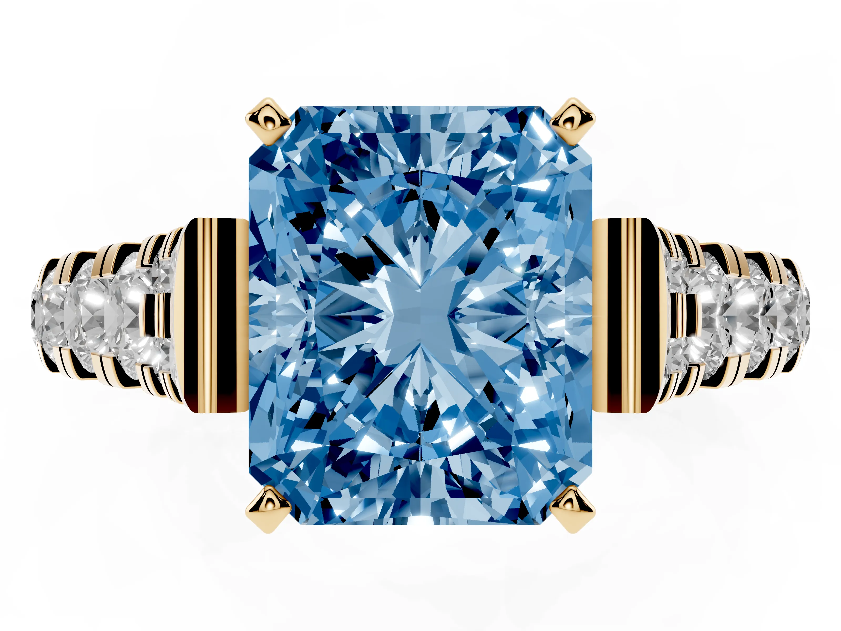 Fancy Blue Radiant Cut Diamond Classic Solitaire Ring Set in Yellow gold with Pavé Band and Prong Setting