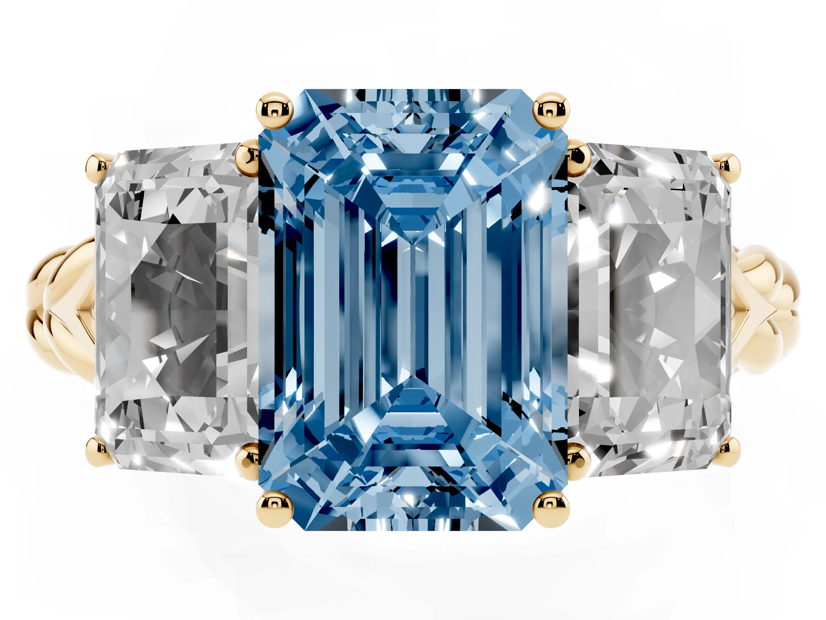 Fancy Blue Radiant Cut Diamond Three-Stone Ring Set in Yellow gold with Braided Band