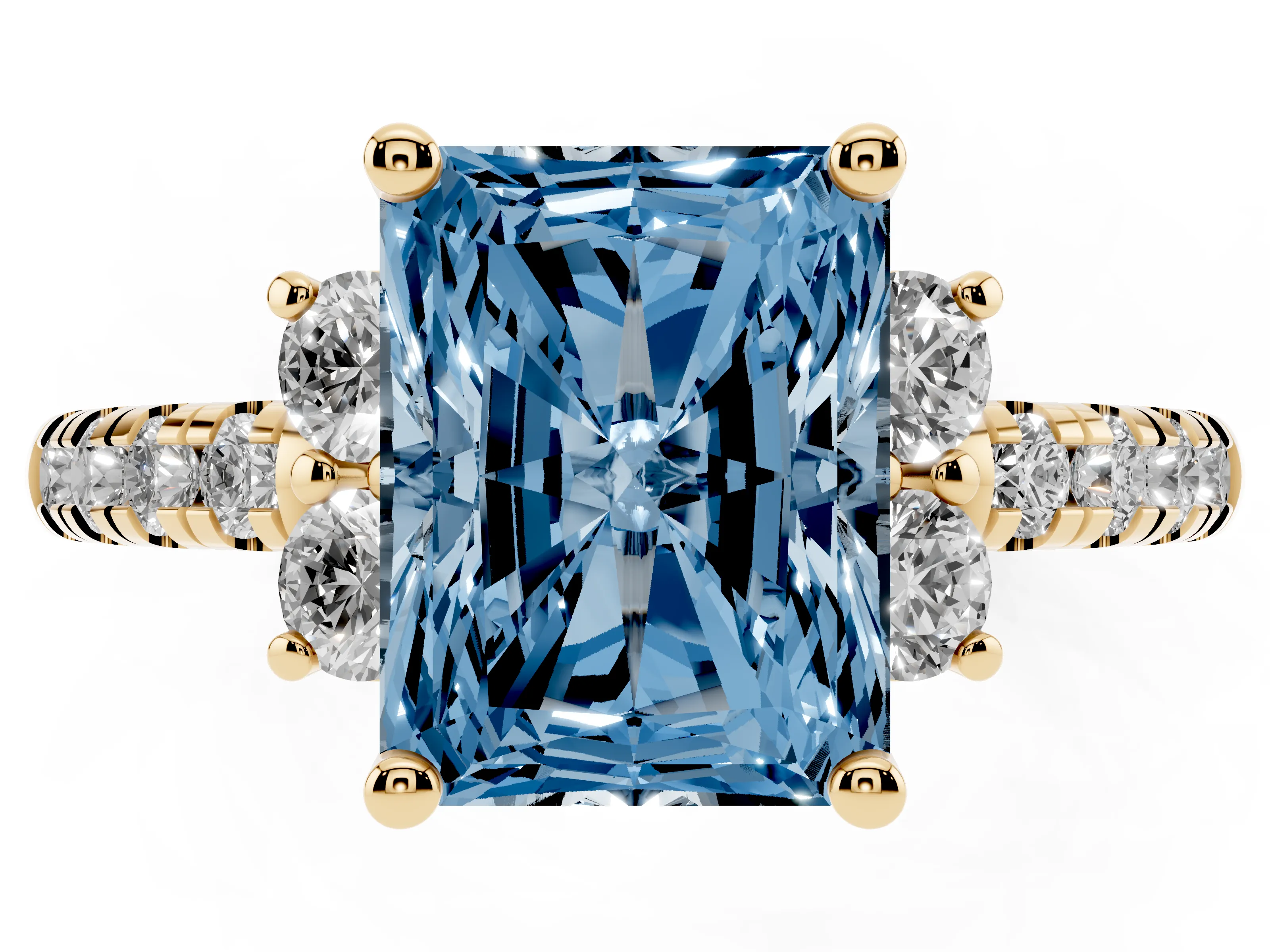 Fancy Blue Radiant Cut Diamond Three-Stone Pavé Ring Set in Yellow gold with Prong Setting