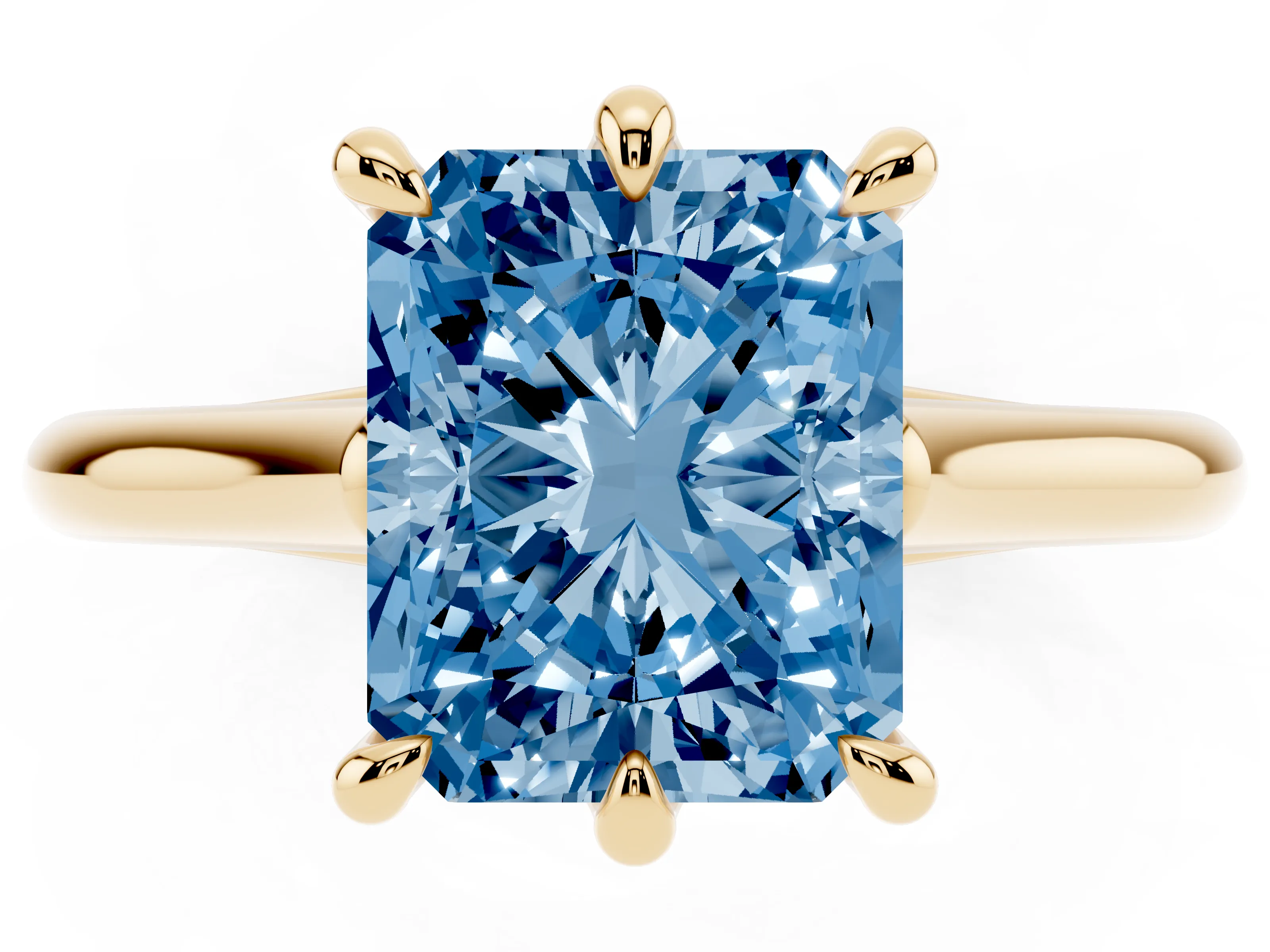 Fancy Blue Radiant Cut Diamond Solitaire Engagement Ring Set in Yellow gold with Prong Setting and Plain Classic Band