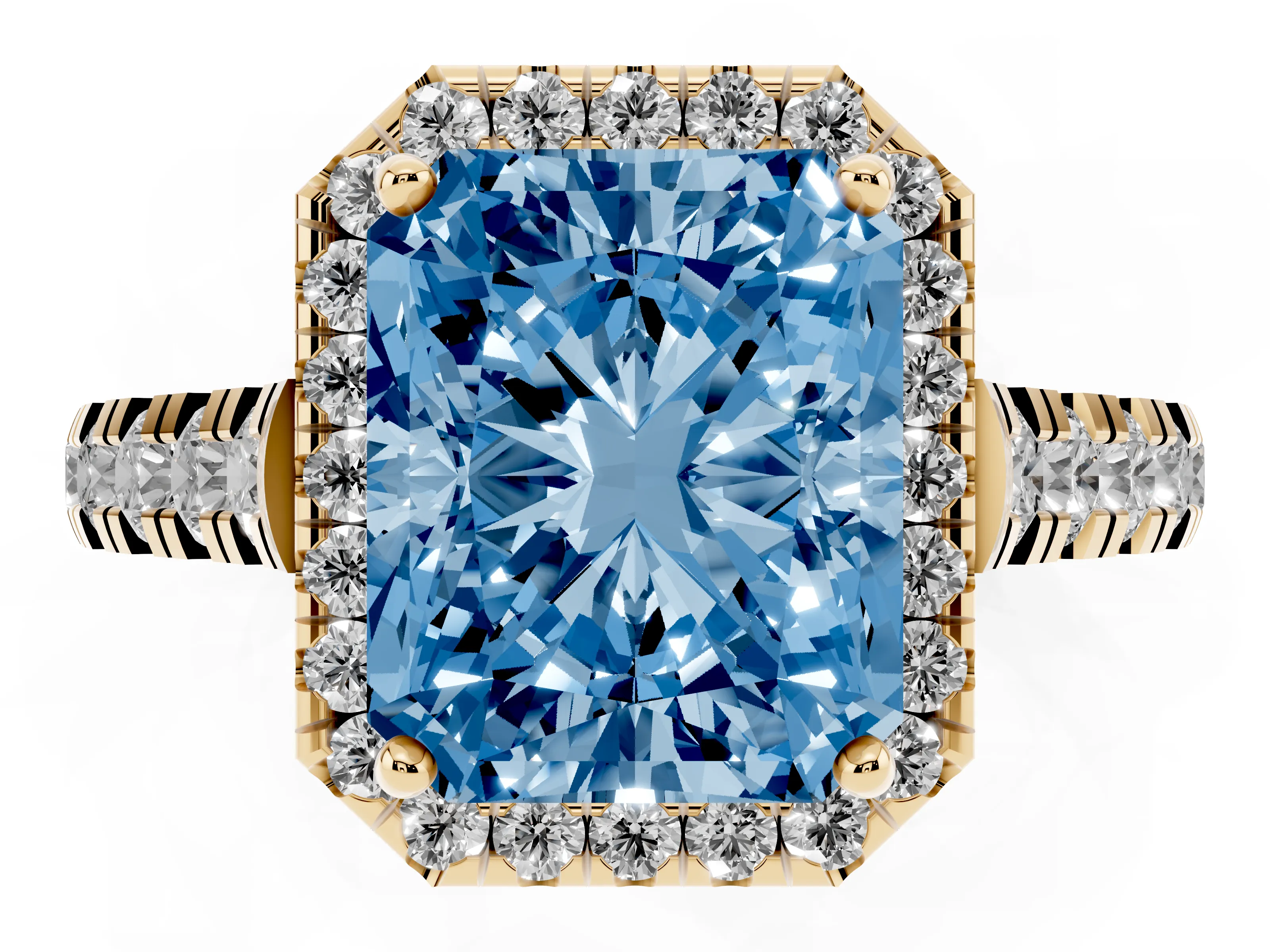Fancy Blue Radiant Cut Diamond Halo Engagement Ring Set in Yellow gold with Pavé Band and Prong-Set Center