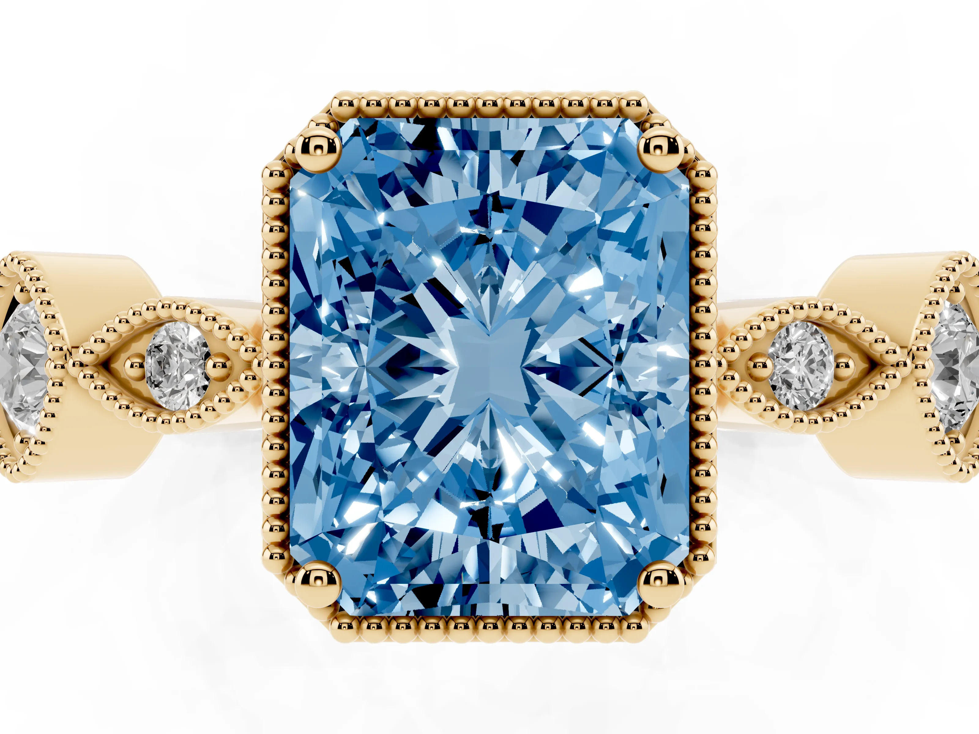 Fancy Blue Radiant Cut Diamond Vintage-Inspired Milgrain Ring Set in Yellow gold with Marquise Stations of Round Accents