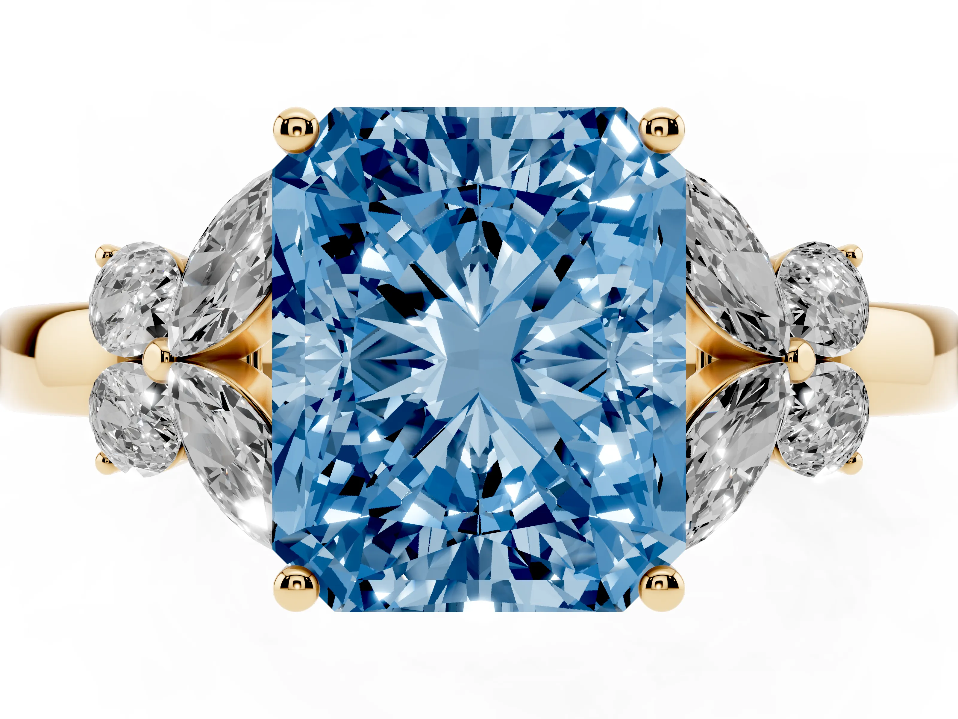 Fancy Blue Radiant Cut Diamond Solitaire Floral Ring Set in Yellow gold with Marquise Petals and Prong Setting