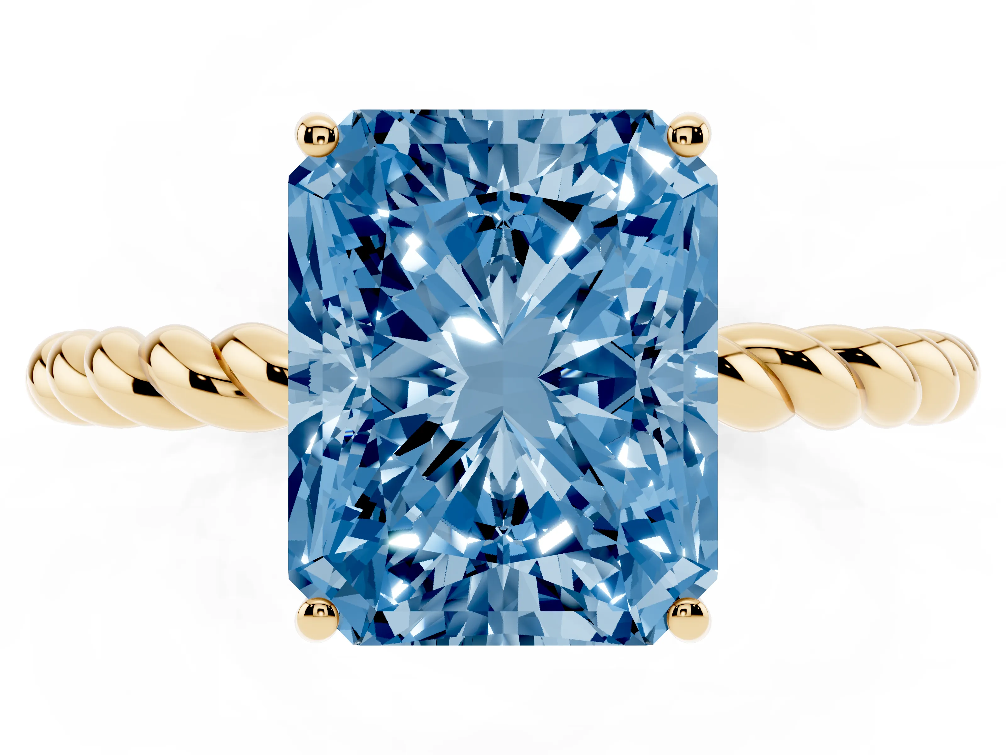 Fancy Blue Radiant Cut Diamond Solitaire Ring Set in Yellow gold with Twist Band and Prong Setting